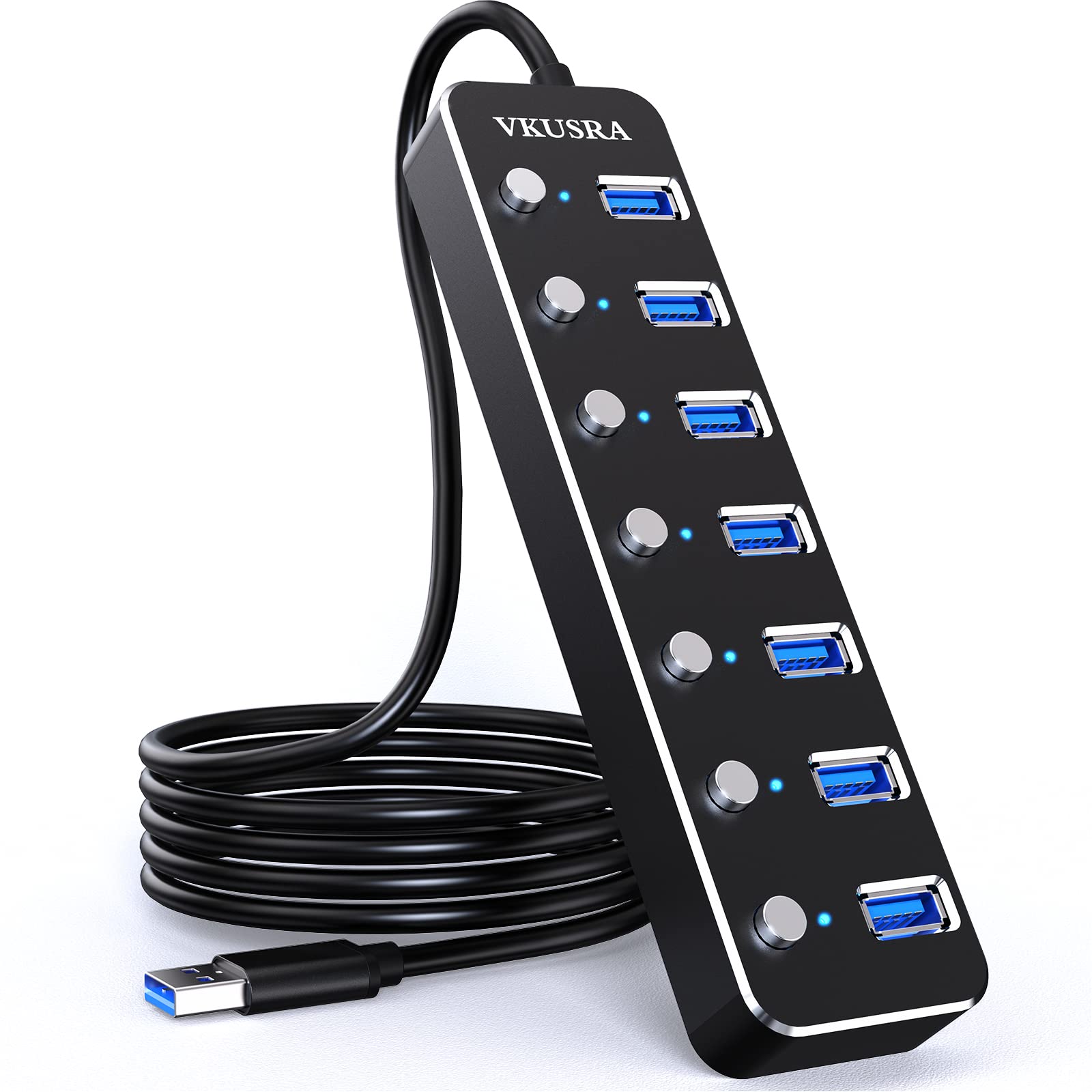 Usb Hub, Vkusra 7 Port Usb Hub 3.0 With 4Ft Usb Long Cable, And Aluminum Usb 3.0 Hub With Individual On/Off Switch And Led Indicator, Usb Splitter For Laptop & Pc, Power Adapter Not Included