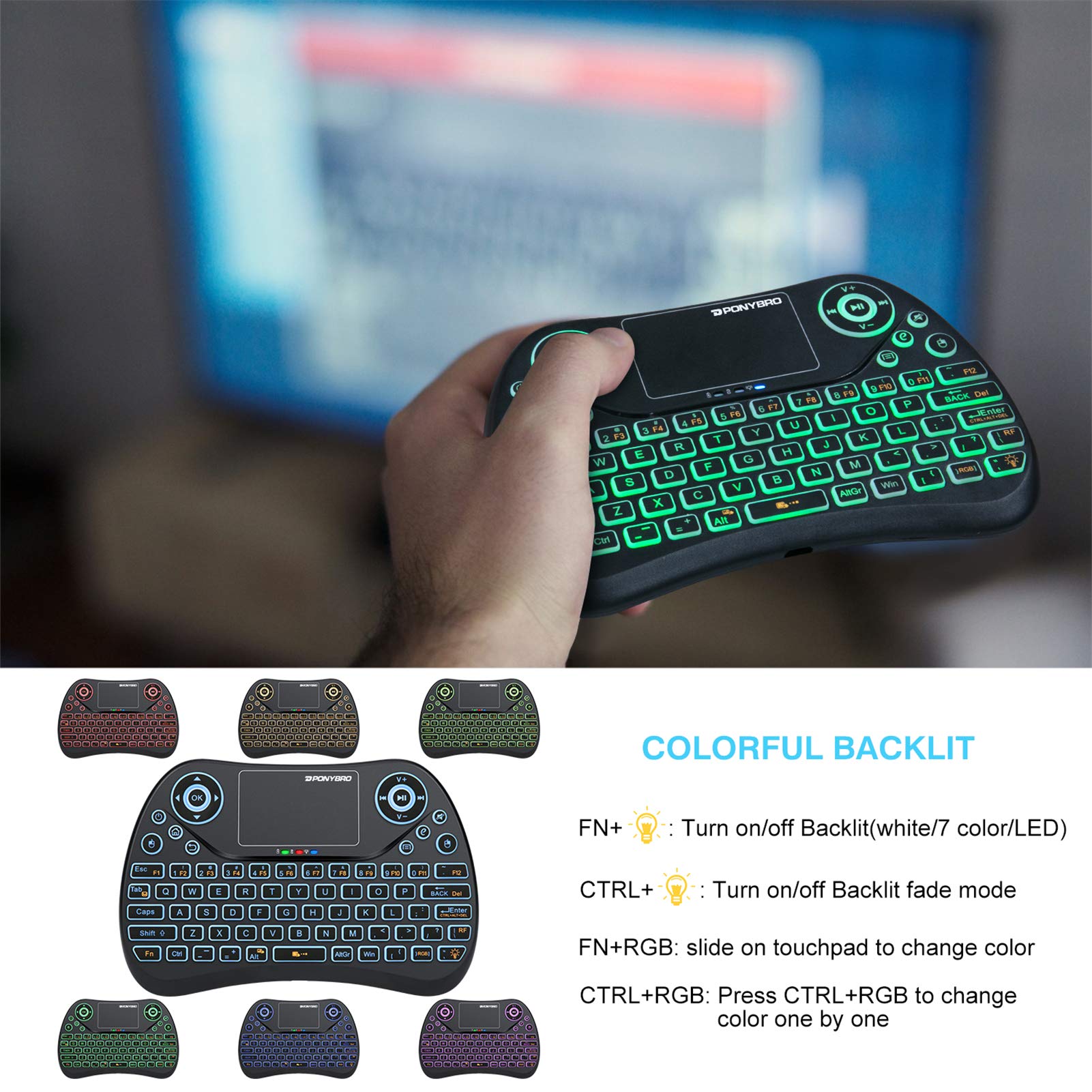 Ponybro (Newest Version) Backlit Mini Wireless Keyboard With Touchpad Mouse Combo Qwerty Keypad,Rechargeable Handheld Keyboard R