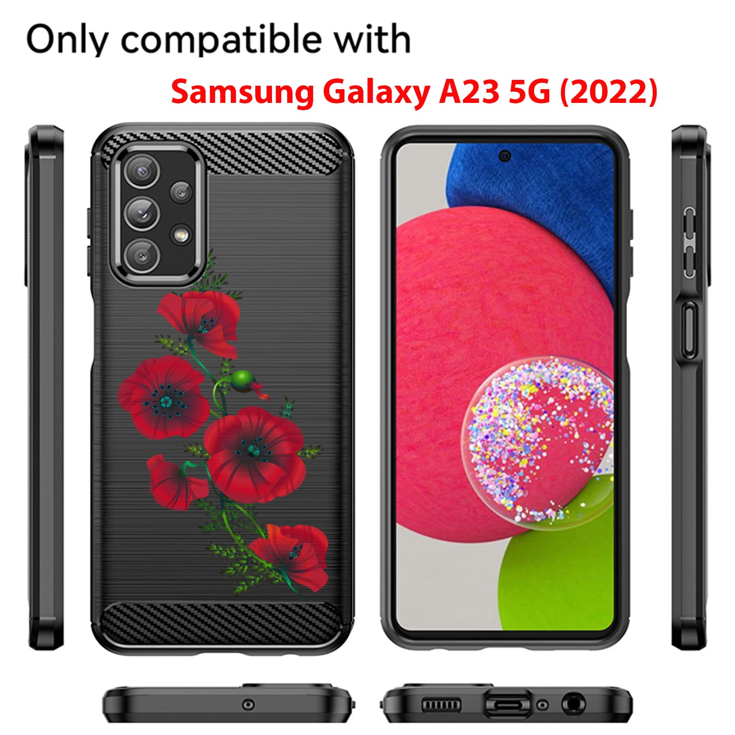 CasesOnDeck Phone Case Compatible Samsung Galaxy A23 5G A23 Tribal Floral Matte TPU Carbon Fiber Red Vine Flower