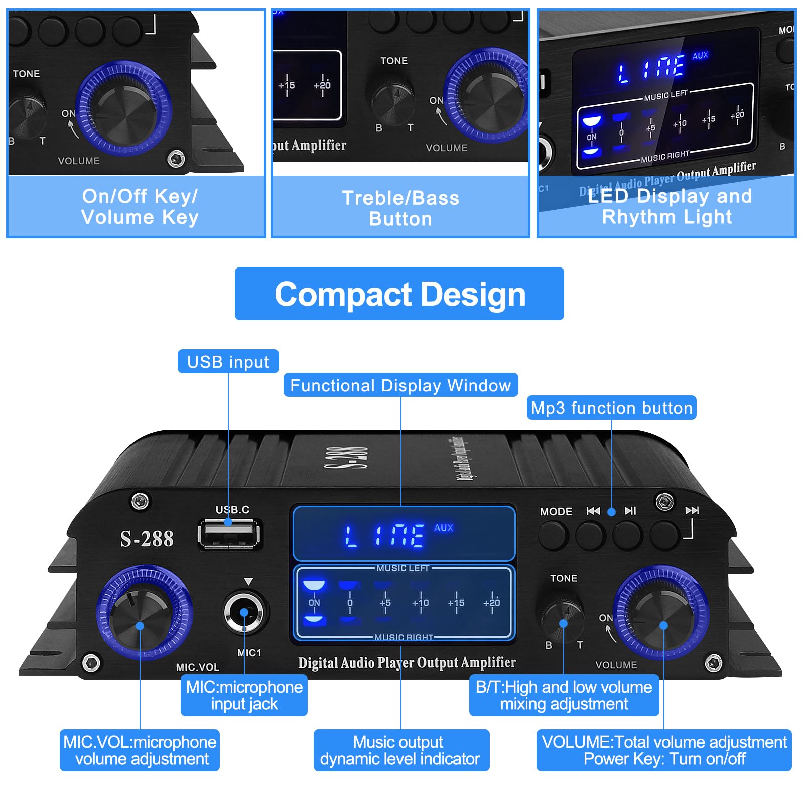 Stereo Audio Amplifier For Home Speakers, S 288 4.0Ch Bluetooth5.0 Hifi Mini Audio Component Amplifiers Receiver Rms 40Wx4 Max.