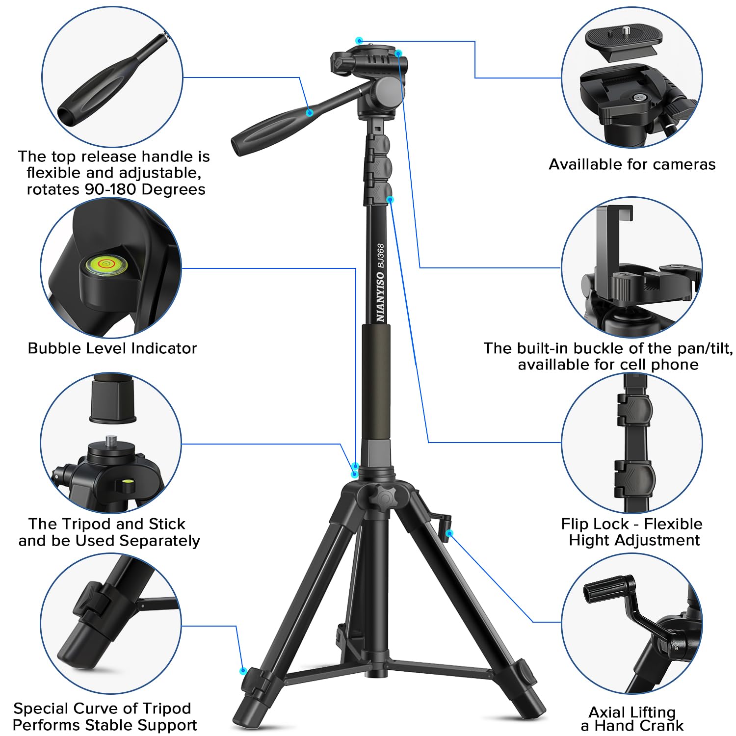 Camera Tripod 69 Inch, Patented 3 Way Swivel Portable Phone Tripod Professional Aluminum Alloy Travel Phone Camera Stand Monopod
