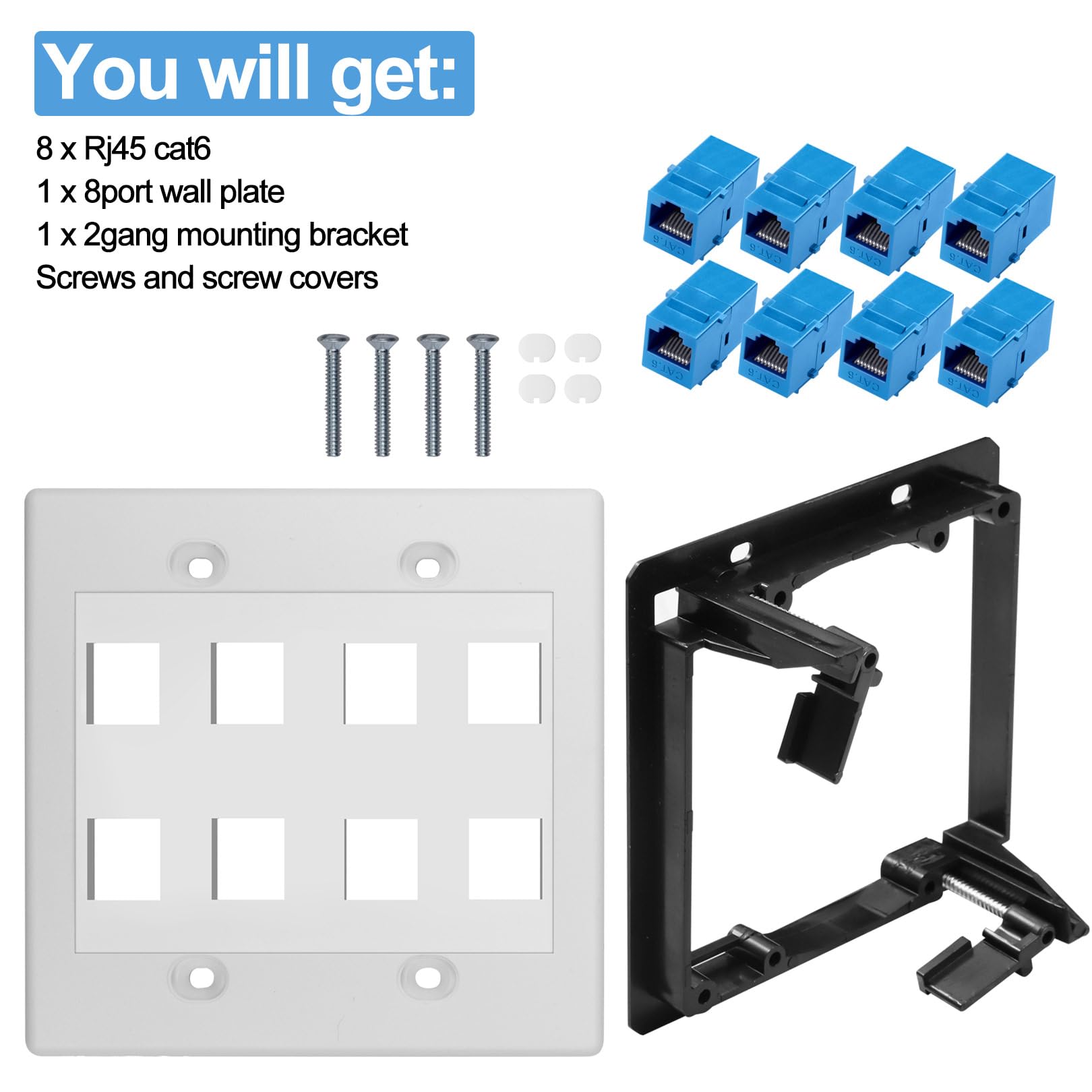 8 Port Ethernet Wall Outlet Plate Cat6 Jack Rj45 Keystone Network Cables Inline Coupler Wires Connector Date Box Cover With 2Gan