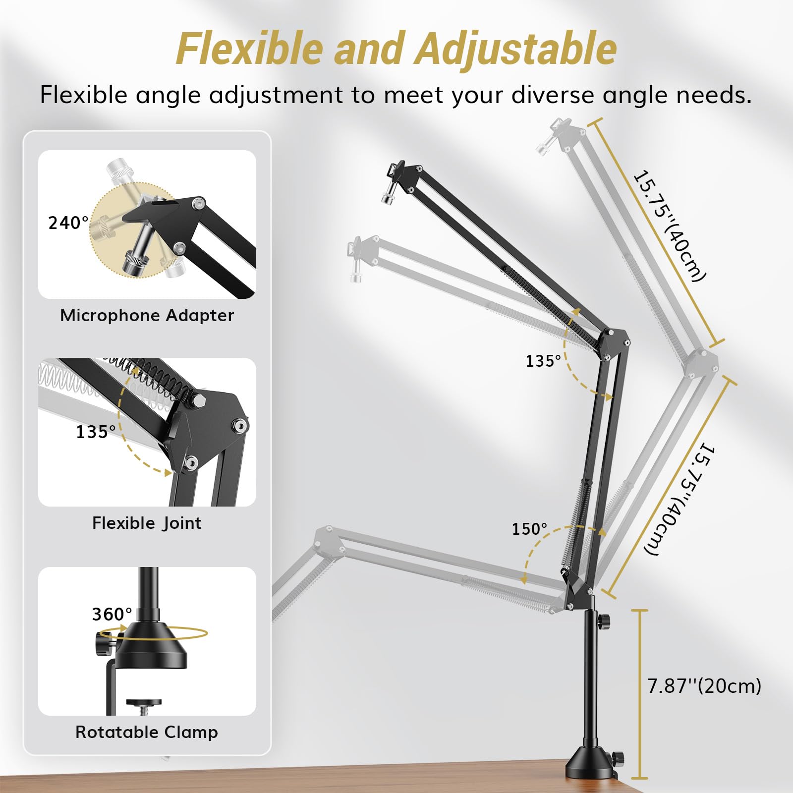 Tonor Microphone Boom Arm With High Riser, Adjustable Mic Stand, Arm With Extra-Large Pop Filter, Perfect For Podcasts, Streamin