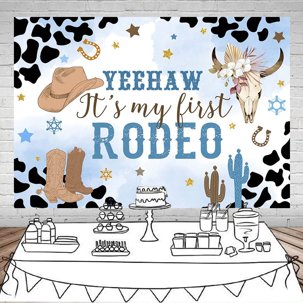 Mocsicka Western Cowboy Birthday Backdrop My First Rodeo Party Decorations Boy Wild West Blue Cowboy Birthday Cake Table Banner