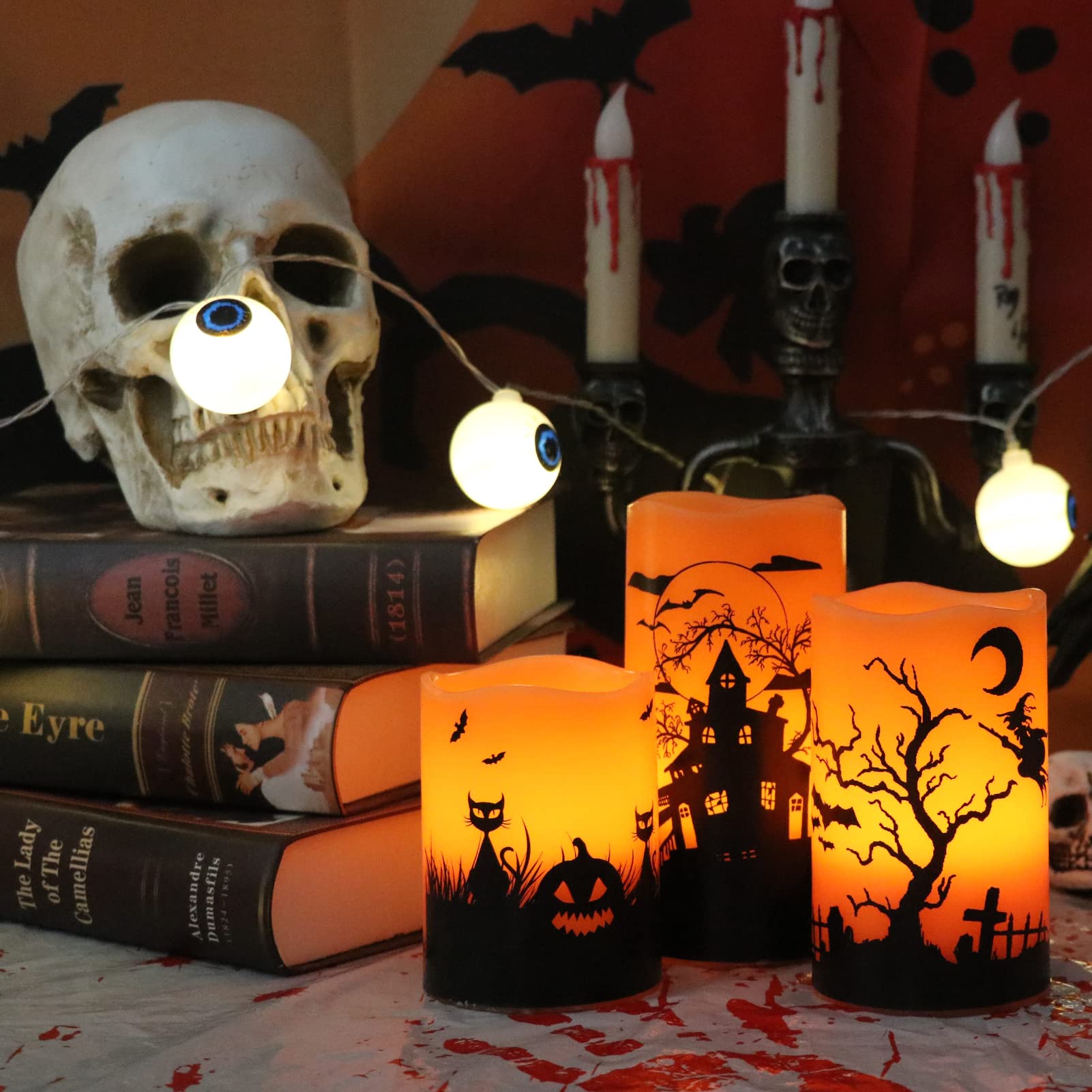 Wondise Halloween Flickering Flameless Candles With 6 Hour Timer, Battery Operated Led Real Wax Candles Set Of 3 Halloween Home