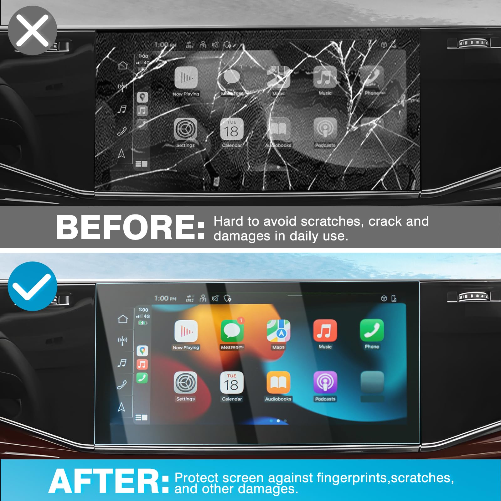 Karltys 2 Pack Screen Protector For 2020 2024 Audi Q7 Q8 10.1 Inch Upper + 8.6 Inch Lower Screen, 9H Tempered Glass Screen Protector For Audi Q7 Accessories, Car Radio Screen Cover Anti Fingerprint