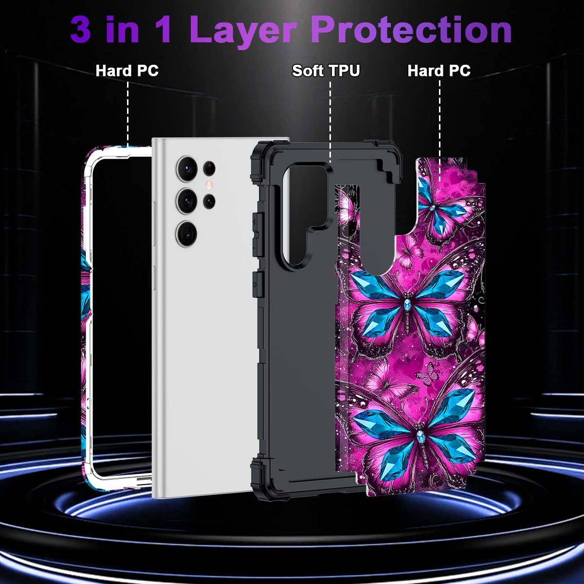Hekodonk For Galaxy S22 Ultra Case,Glow In The Dark Three Layer Heavy Duty Shockproof Protection Hard Plastic+Soft Silicone Full