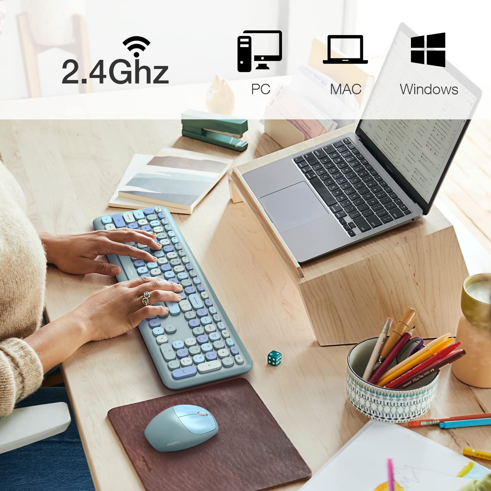 Mofii Wireless Keyboard And Mouse Combo, 2.4G Slim Full Sized Ergonomic Keyboard Mouse For Pc Desktop Laptops Windows (Blue Colo