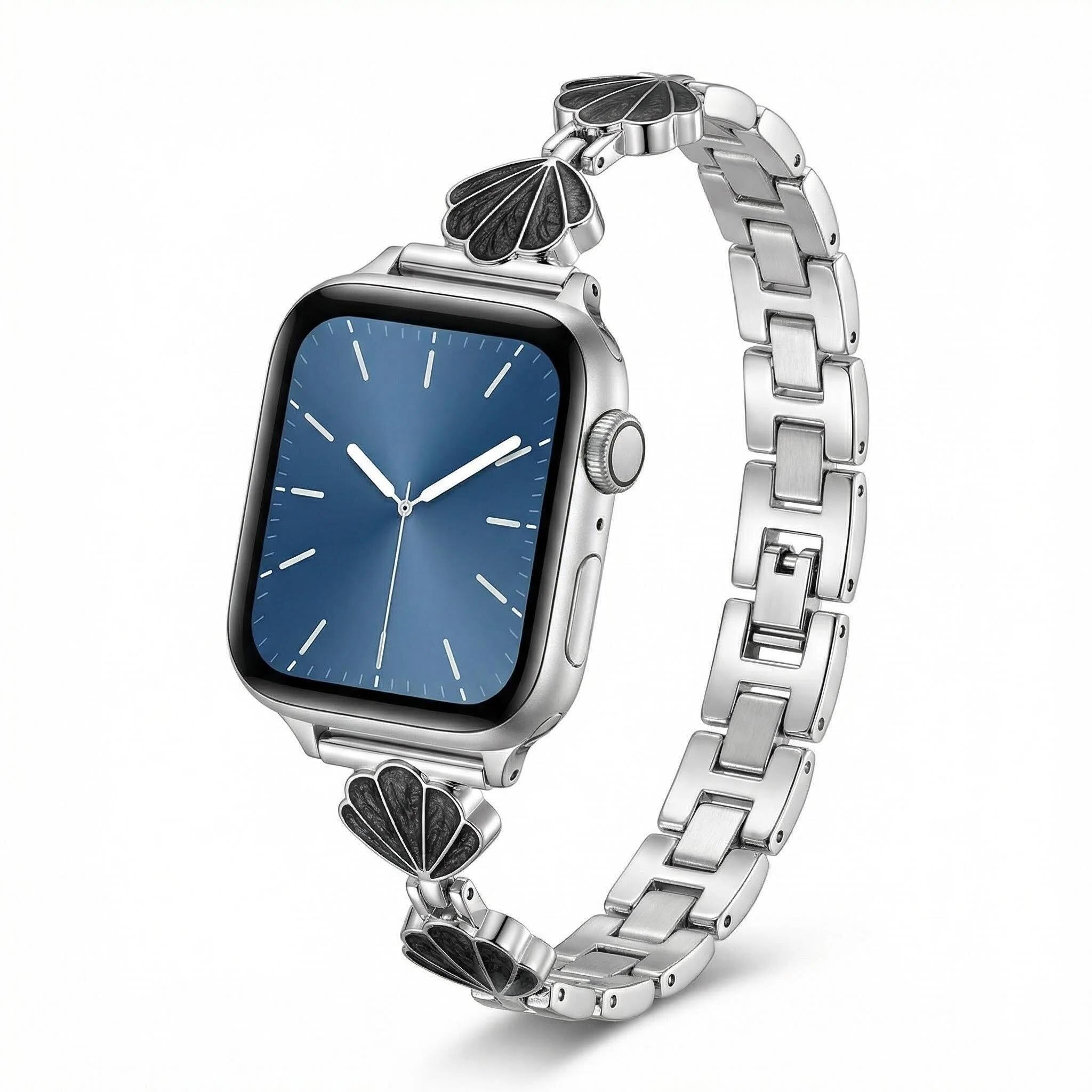 Elegant Seashell Apple Watch Band for Women 38mm 40mm 41mm 42mm, Blcak Enamel Stainless Steel Jewelry Bracelet Strap Dressy iWat