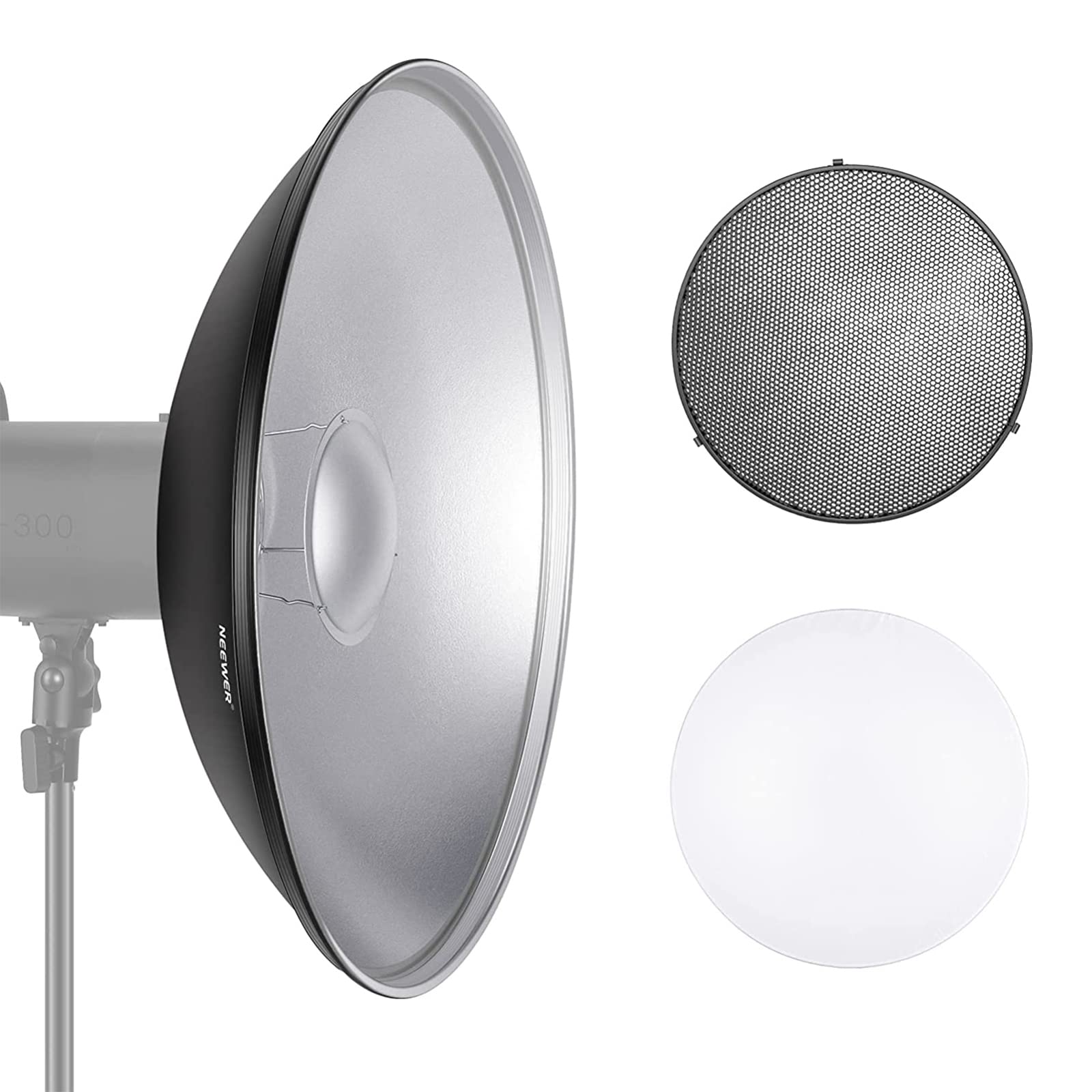 Neewer 21.6''/55Cm Metal Beauty Dish Bowens Mount Reflector With White Diffuser, Honeycomb Grid For Strobe Flash Video Light Com