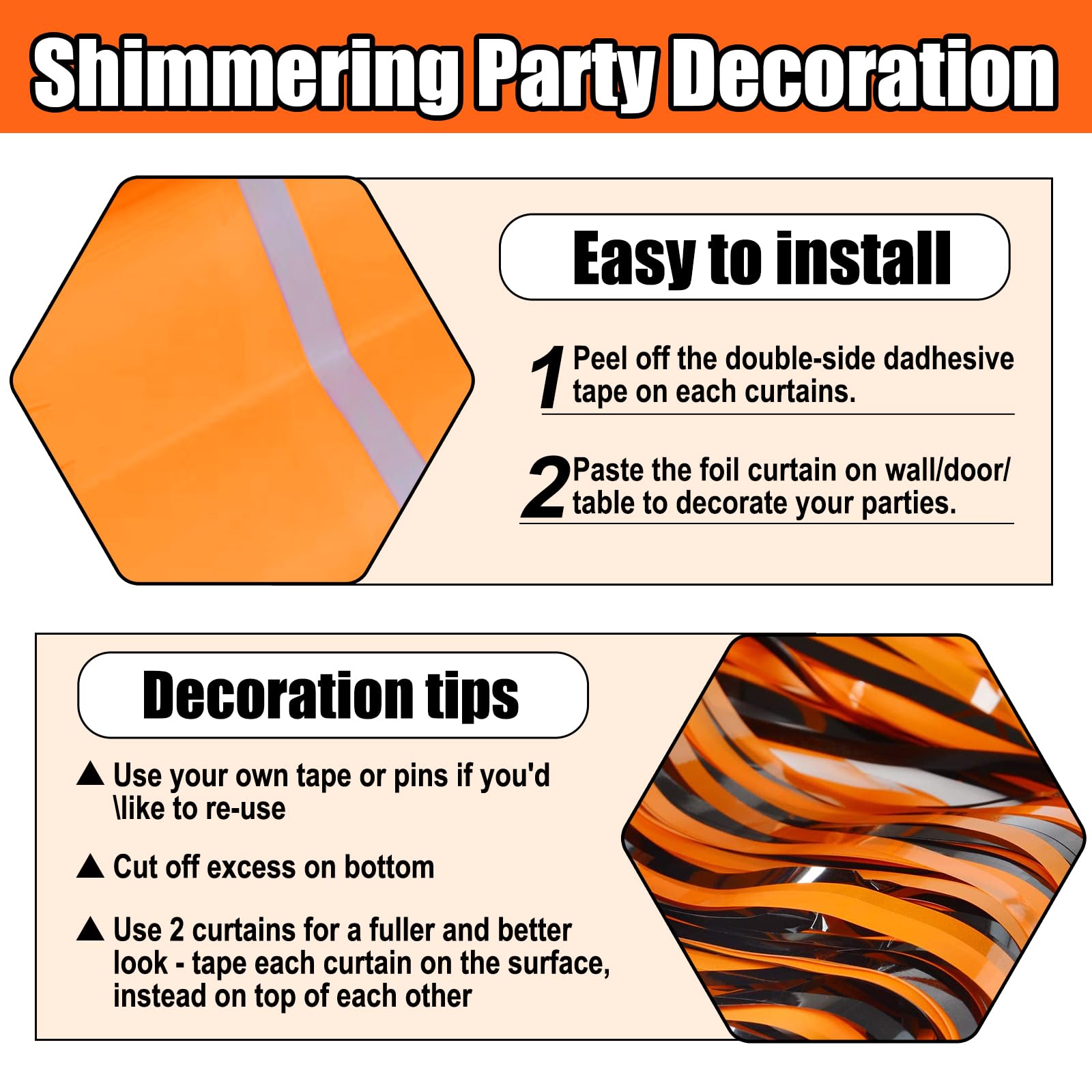 3 Pack Black Orange Foil Fringe Curtain Backdrop, 3.28Ft X 8.2Ft Metallic Tinsel Foil Fringe Streamer Curtains For Photo Booth,