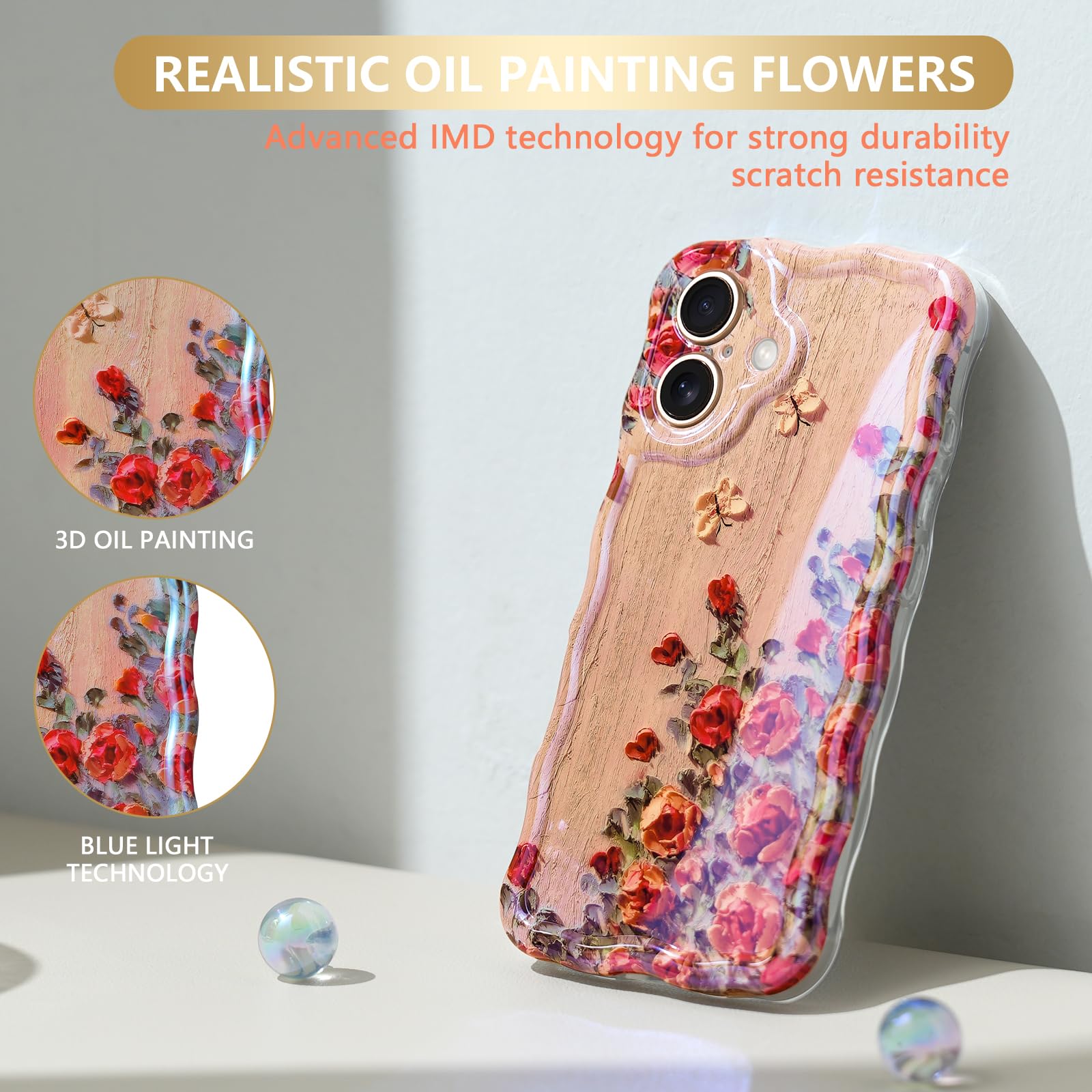 Sheheme For Iphone 16 Plus Case [With 9H Screen Protectors] Wave Bumper Colorful Oil Painting Flowers Print Blue Glossy Soft Tpu
