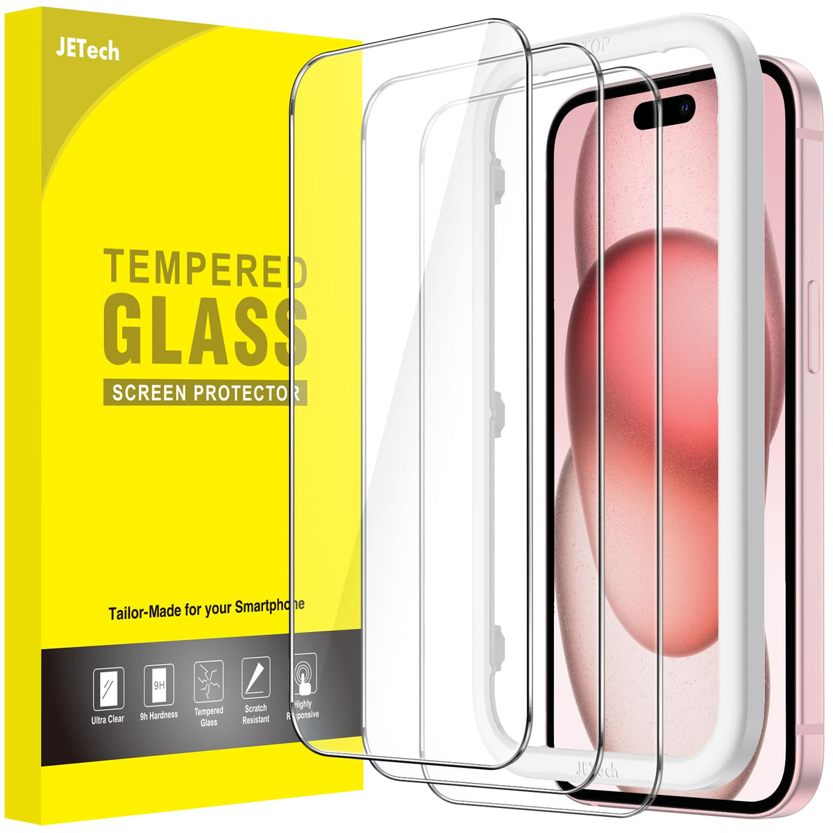 Jetech Screen Protector For Iphone 15 6.1 Inch, Tempered Glass Film With Easy Installation Tool, Case Friendly, Hd Clear, 3 Pack