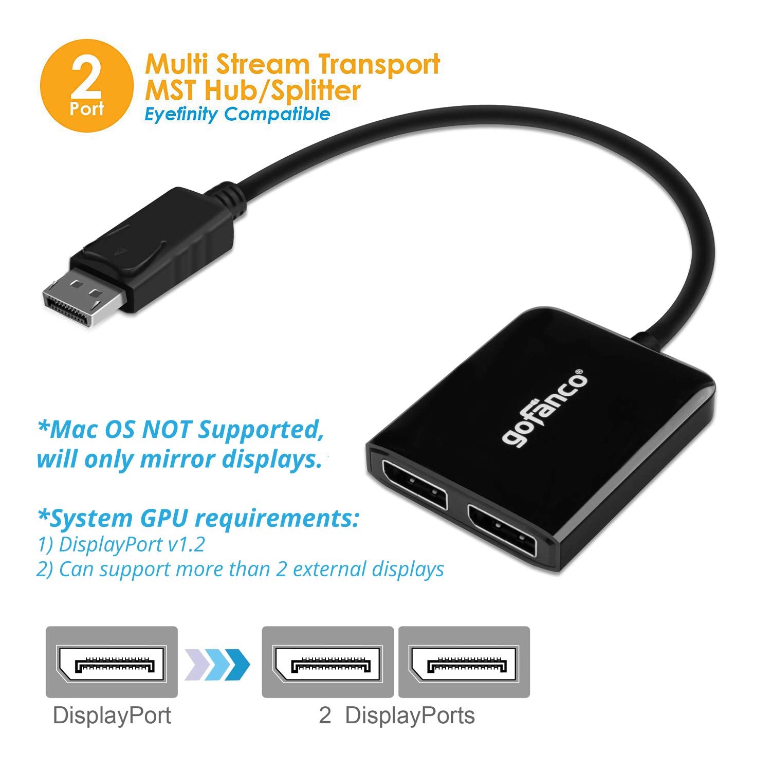 Gofanco 1X2 Displayport 1.2 Display Splitter Adapter   Dp To Dual Displayport Mst Hub Converter, 4K @30Hz, For Windows Pcs, Not