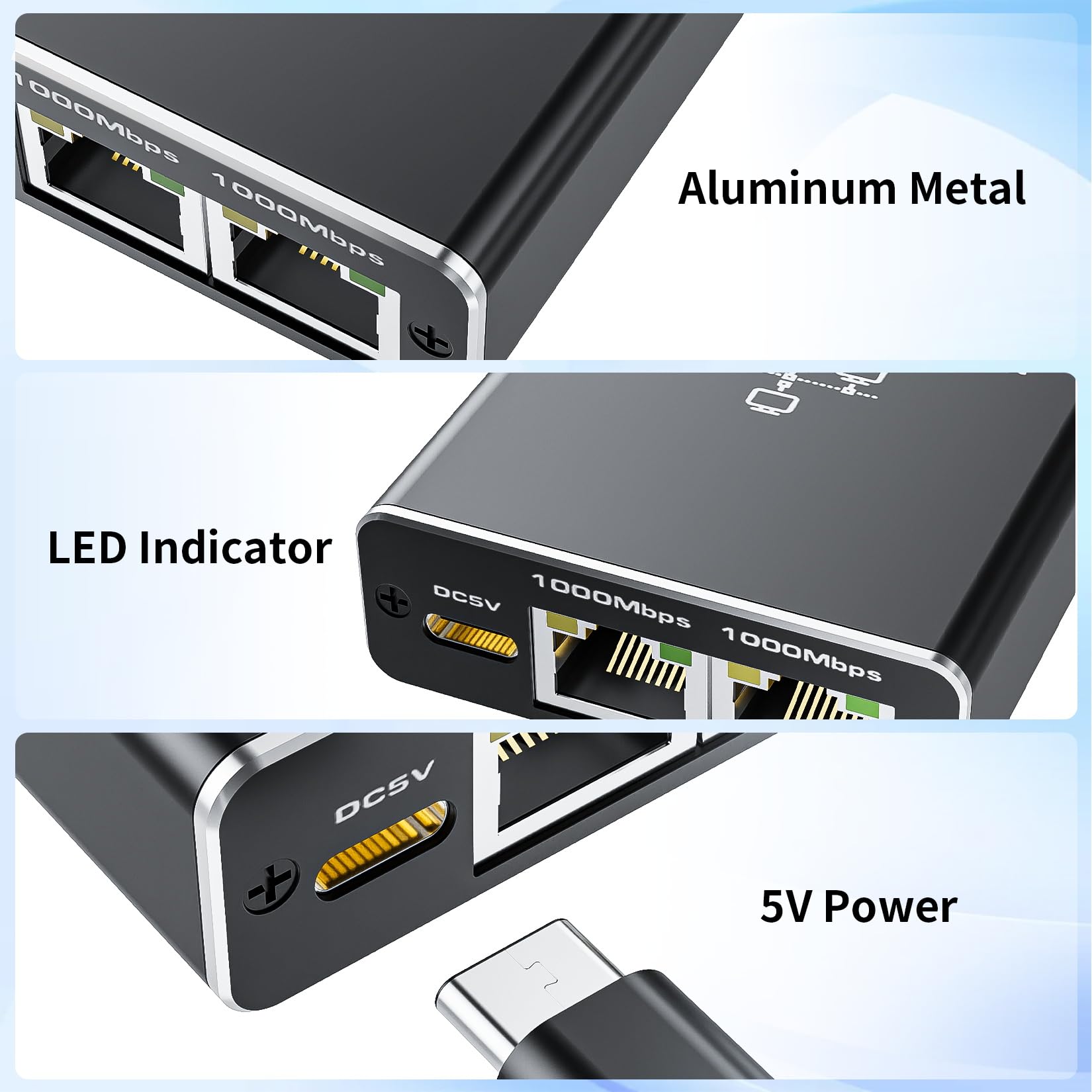 Alyydbg Ethernet Splitter 1 To 3, 1000Mbps Rj45 Internet Splitter With Usb Power Cable, Lan Splitter Using Cat5/5E/6/7/8 Cable F