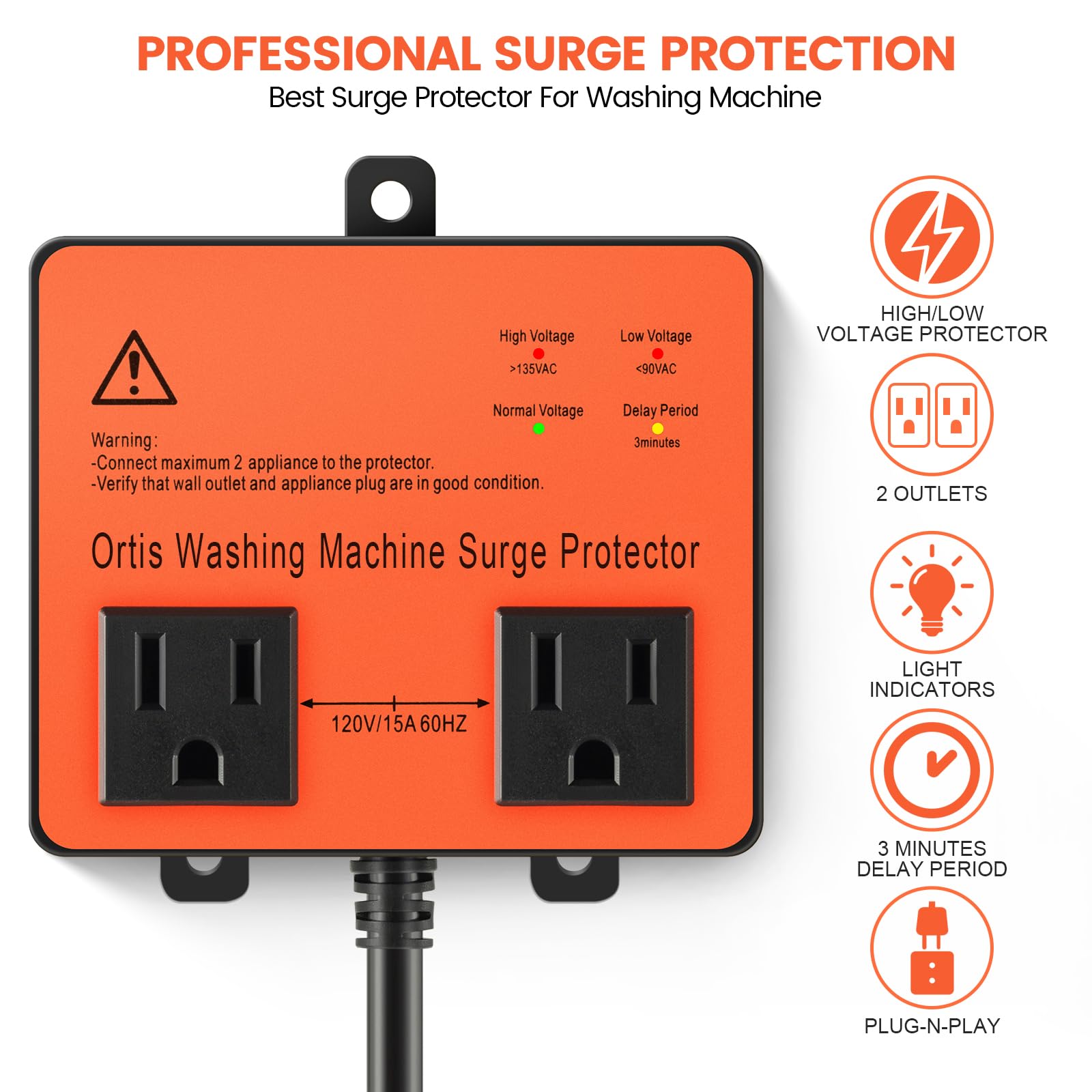Washing Machine Surge Protector, Ortis Double Outlet Voltage Protector For Home Appliances With Time Delay, Protects Against Bro