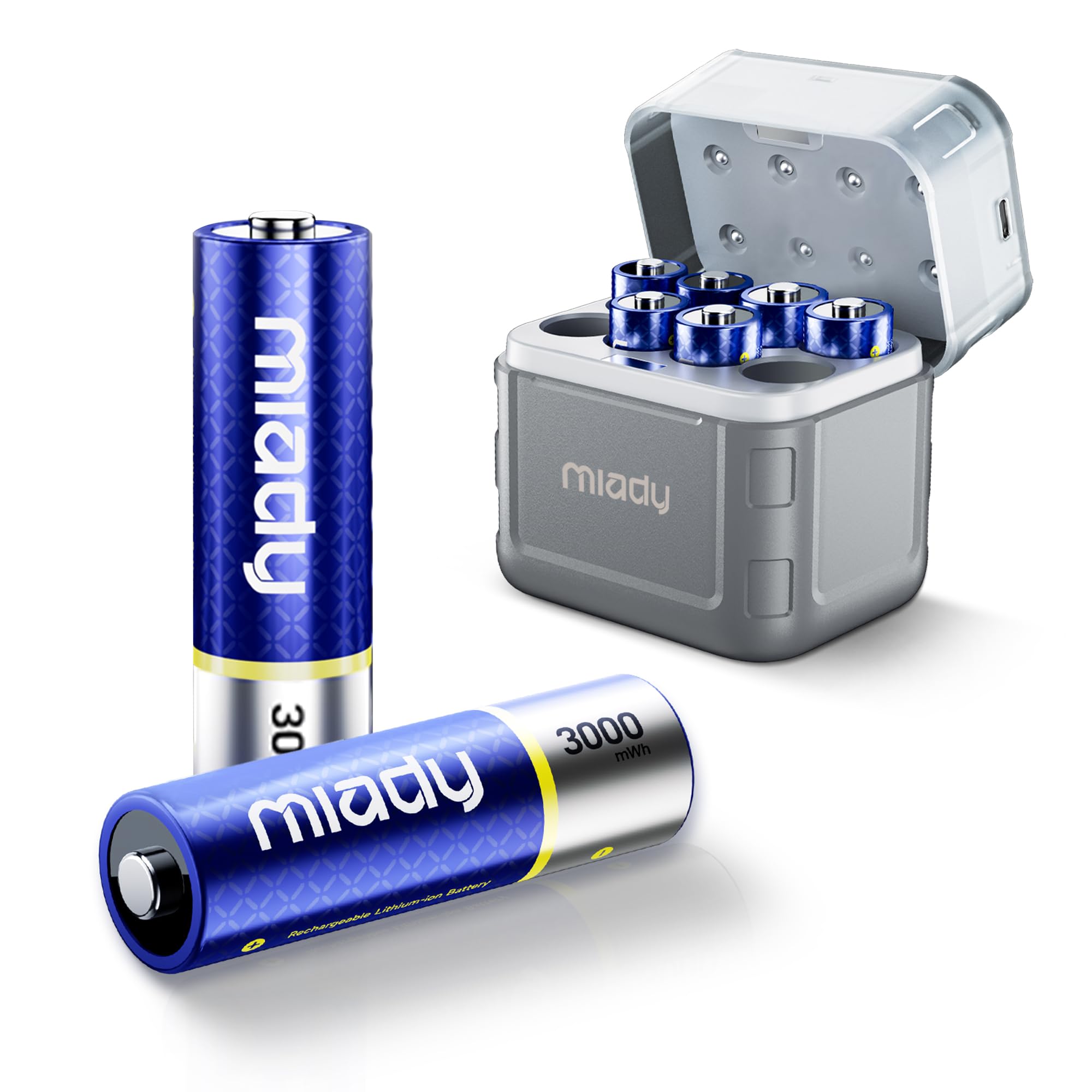 Miady 8-Pack Rechargeable Lithium AA Batteries with Fast Charger, 1.5V 3000mWh High Capacity Lithium Double A Batteries with 200