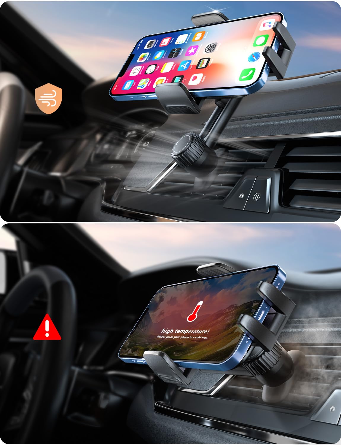 Holdersafe Phone Mount For Car Vent: [Never Blocking] Air Vent Cell Phones Holder For Iphone & Samsung Android Smartphone [Thick