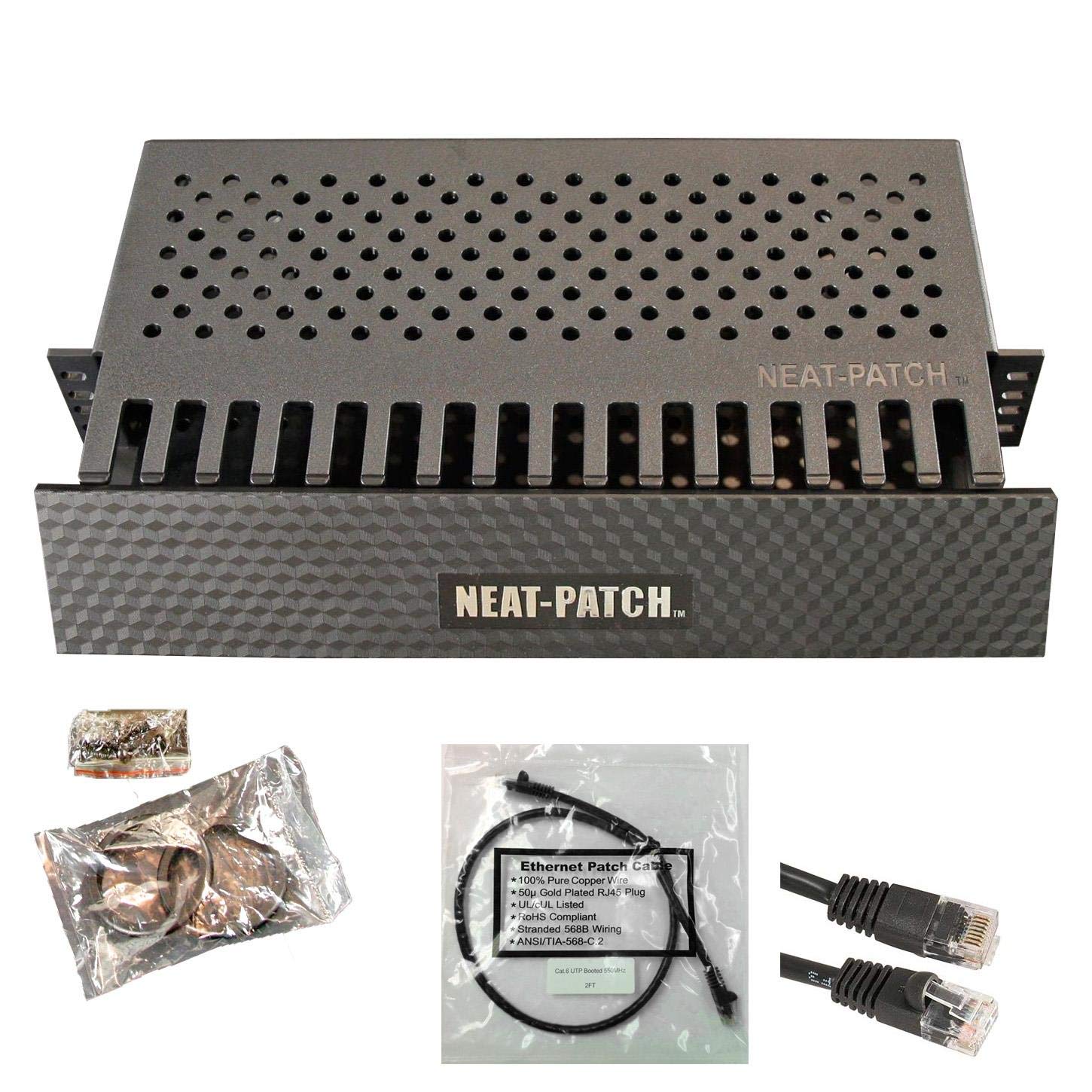 Neat Patch 2U Cable Management Kit - 1 Pack w/ 48 CAT6 Patch Cables (2FT Black)
