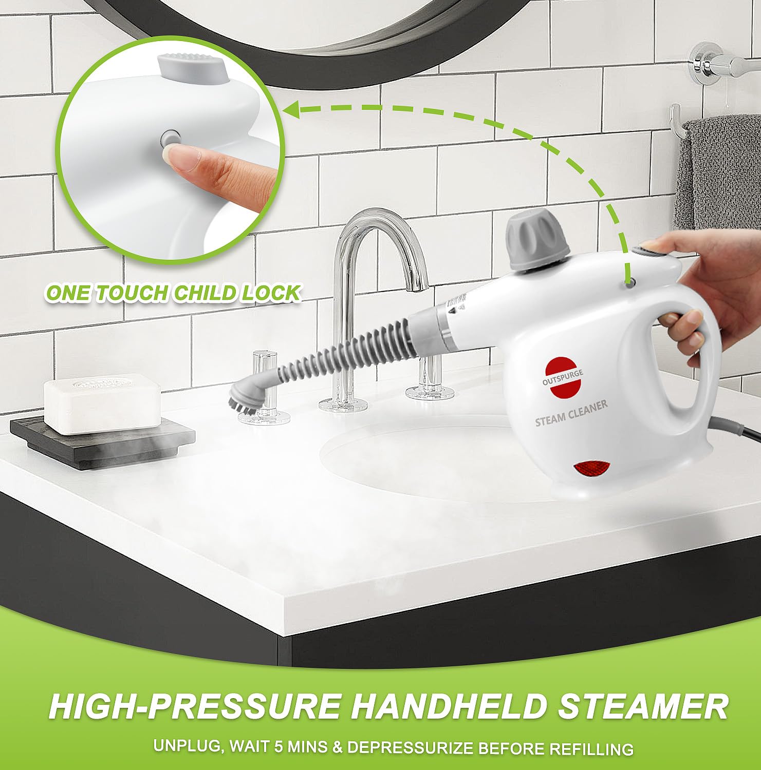 Outspurge Handheld Steam Cleaner, Pressurized Multi Surface Steam Shot With 13 Accessories, Safety Lock, Steamer For Cleaning Fl