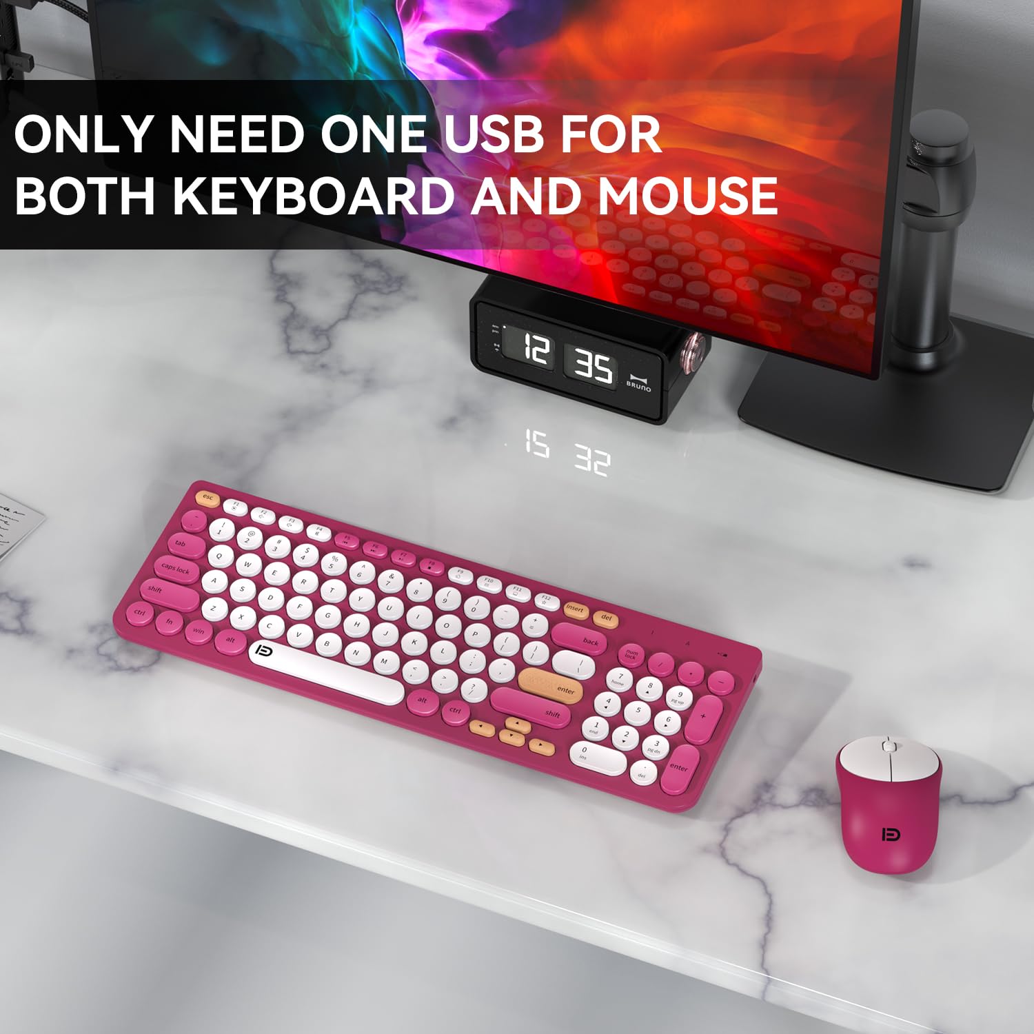 Tkvpjyyi Wireless Keyboard And Mouse Combo, 2.4Ghz Usb Cordless Round Keys Set For Laptop, Computer, Tv (White+Rose Red)