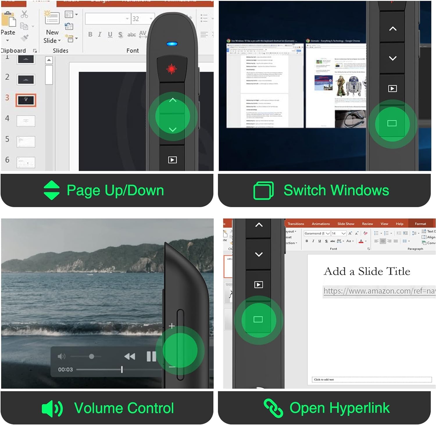 Presentation Clicker Green Laser Pointer, Rechargeable Powerpoint Clicker Wireless Presenter Remote, Rf 2.4Ghz Usb Presentation
