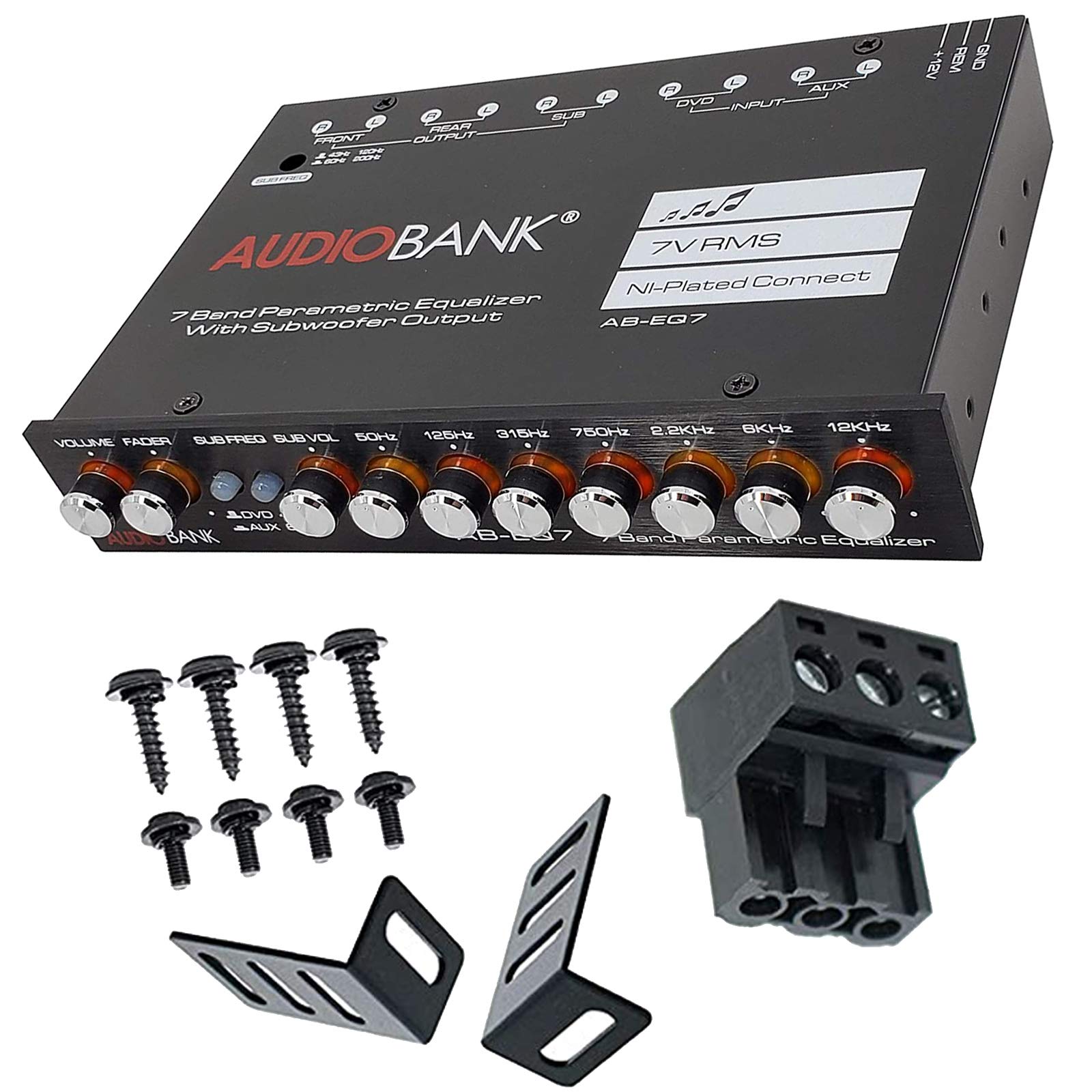 Audiobank Eq7 1/2 Din 7 Band Car Audio Equalizer Eq W/Front, Rear/Frequency Adjustable /3 Rca Input For Portable Devices + Subwo