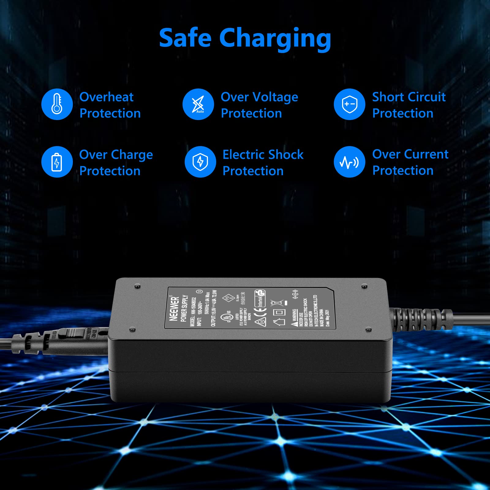 Neewer Photography Ac 110V To Dc 15V 2.0Mm X 5.5Mm Power Adapter With Power Cable 4.8A Output Power Supply For Photo Studio Ring