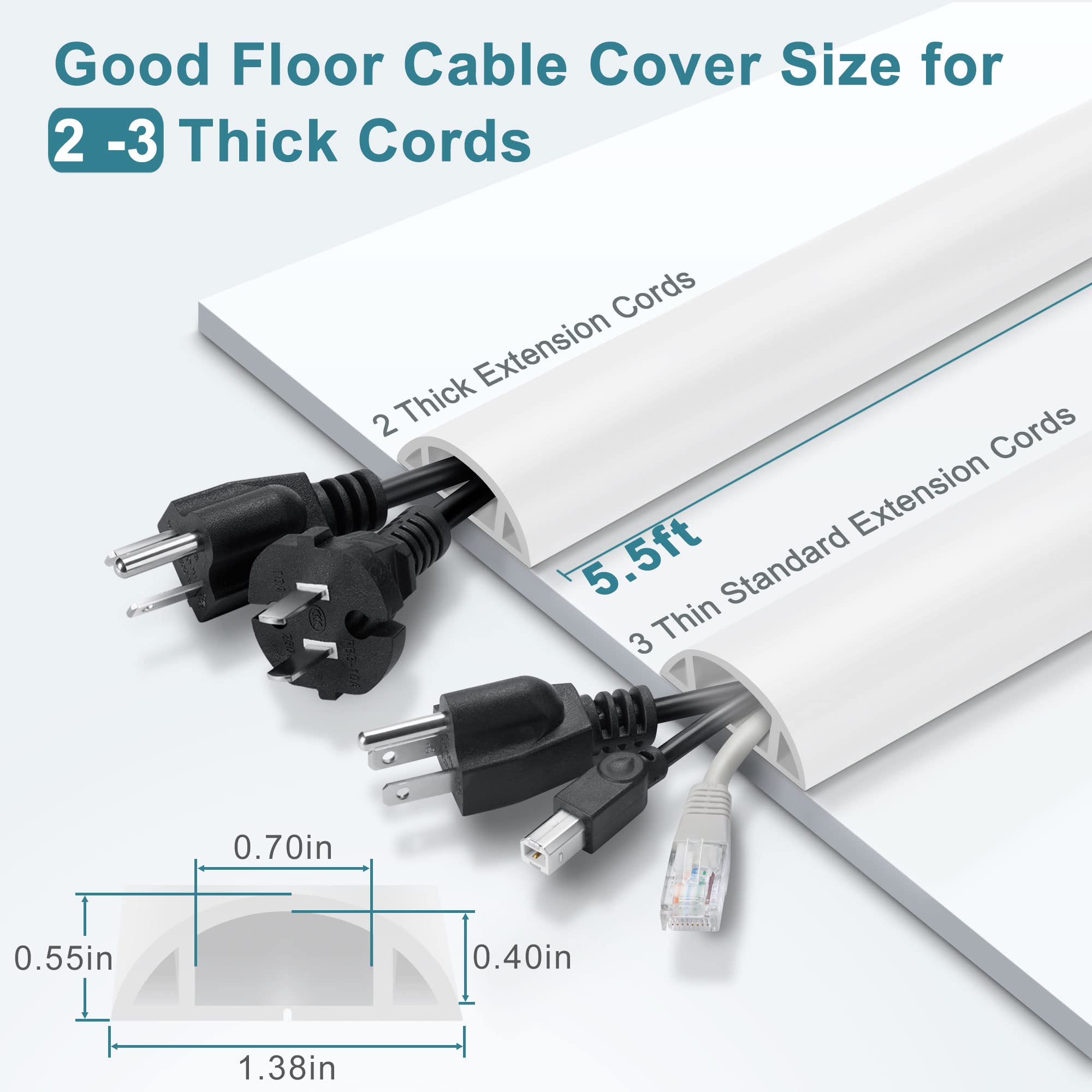 Lzeoy 5.5Ft Floor Cord Cover, White Soft Cable Cover Floor, Large Size Extension Cord Covers For Floor, Power Cord Protector Flo