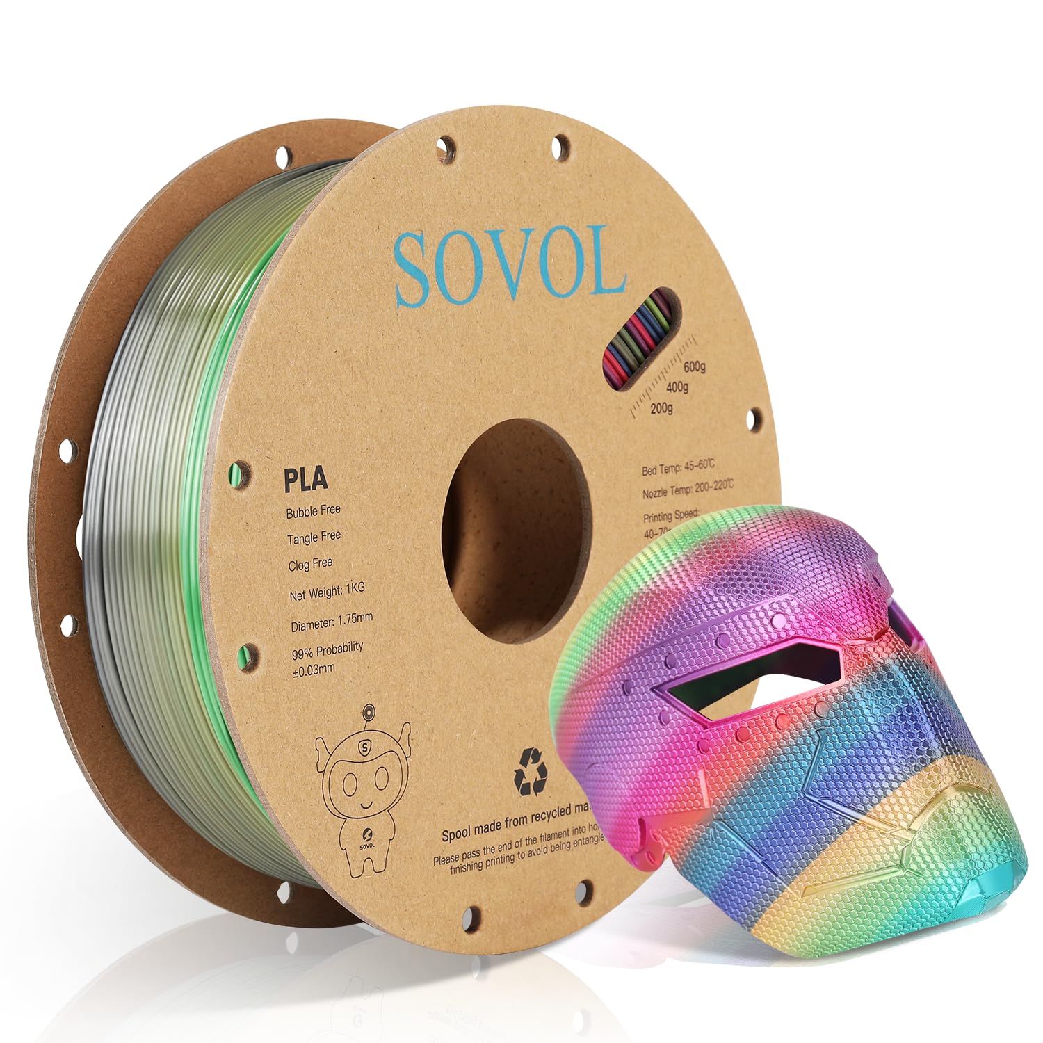 Sovol 3D Printer Silk Shiny Multicolored Fast Gradient Change Rainbow Pla 1 Kg (2.2 Lbs) Spool 3D Printing Materials, Wiring Tig