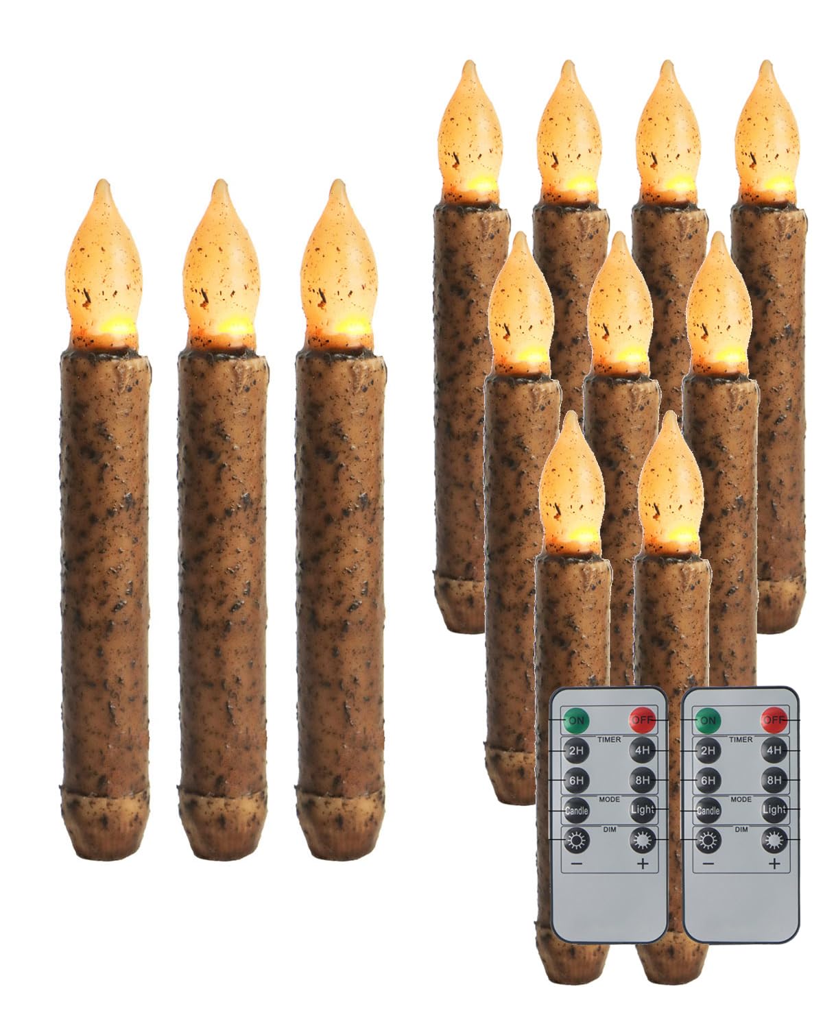 Oneihomm Flameless Primitive Candles With Timer Remote, Hand Dipped Real Wax Taper Candles For Vintage Decorations, Set Of 12