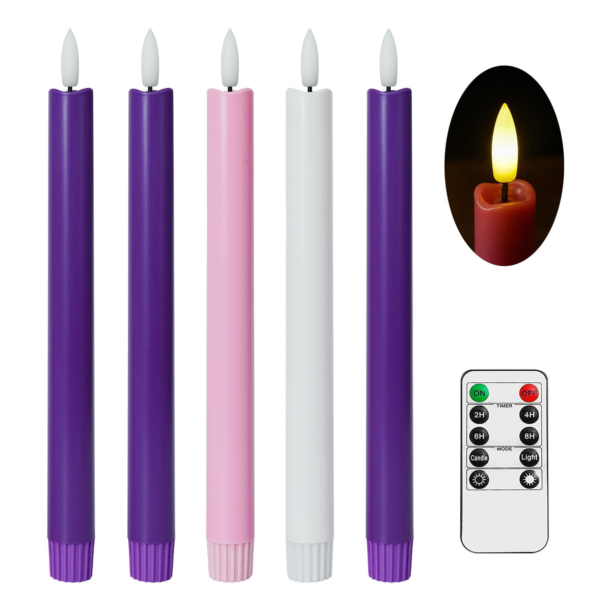Stmarry Flameless Advent Candles, Set Of 5 - Flickering Led Flame, 10 Inch Taper Candlesticks, Remote Controlled - 3 Purple, 1 P