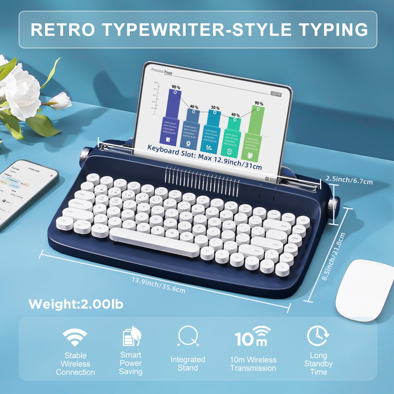 Yunzii Actto B303 Wireless Typewriter Keyboard, Bluetooth Connection, Cute Retro Aesthetic Design With Integrated Stand For Tabl
