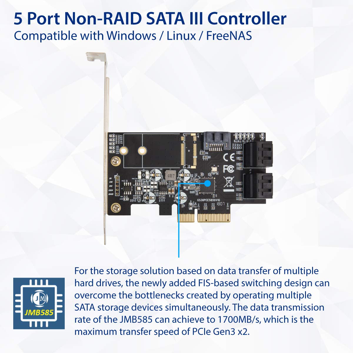 Internal 5 Port Non-Raid Sata Iii 6Gb/S Pci-E X4 Controller Card For Desktop Pc Support Ssd And Hdd With Low Profile Bracket. Jm
