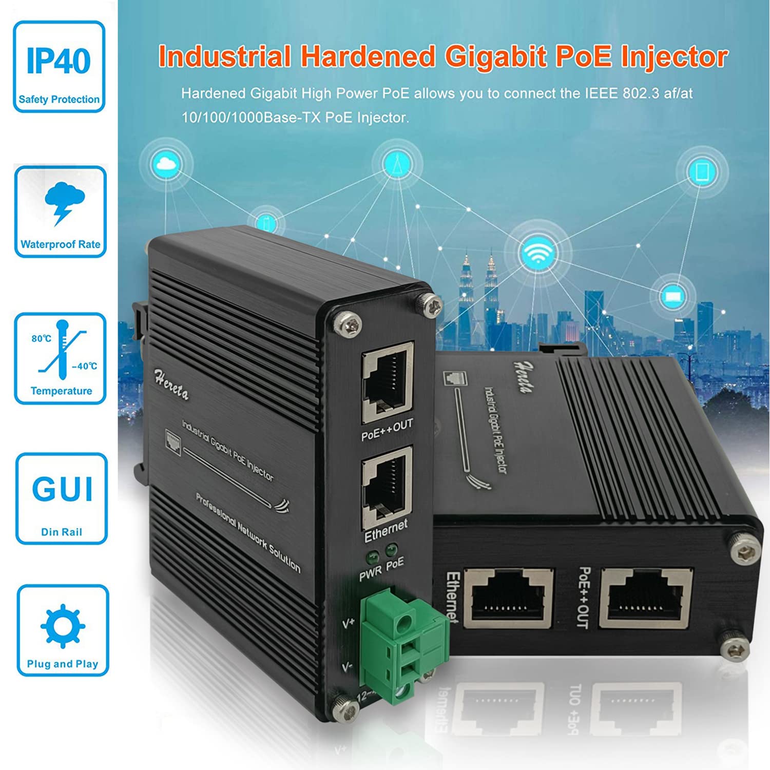 Hardened Industrial Gigabit Poe++ Injector 12 48Vdc Input With Din Rail And Wall Mount Connecting The Ieee 802.3 At Poe Device (