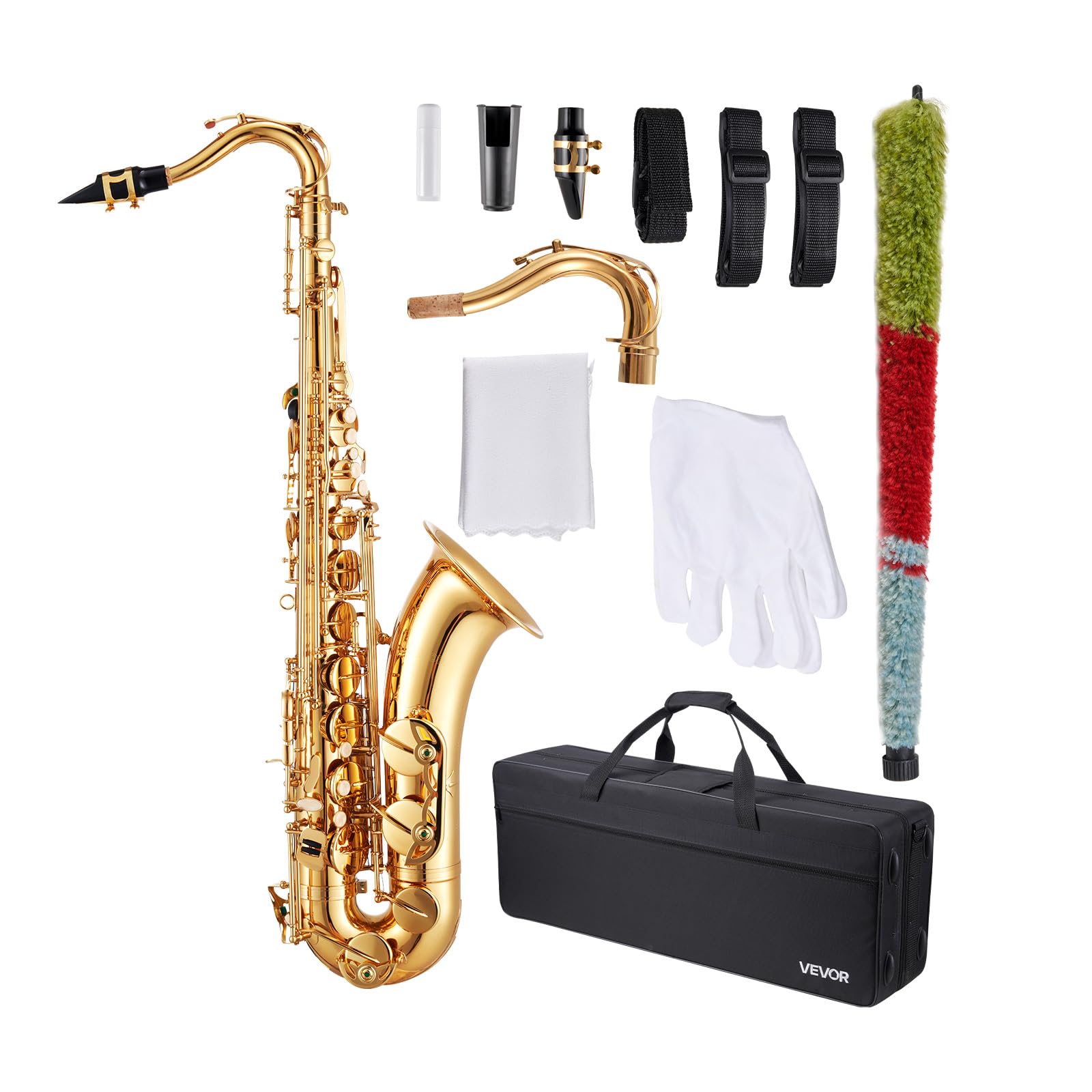 VEVOR Tenor Saxophone, B Flat, Professional Brass Saxophone Beginner Kit with Carrying Case, Mouthpiece, Straps, Cleaning Cloth,