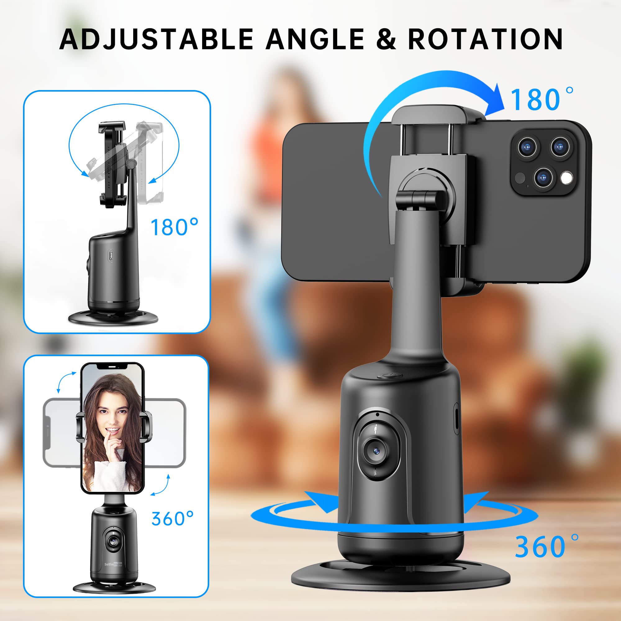 Auto Tracking Phone Holder, Auto Face Tracking Tripod, Portable All In One Smart Selfie Stick 360 Rotation Fast Face & Object Tracking Cameraman Robot Mount For Phone Video Vlog Live Streaming(Black)