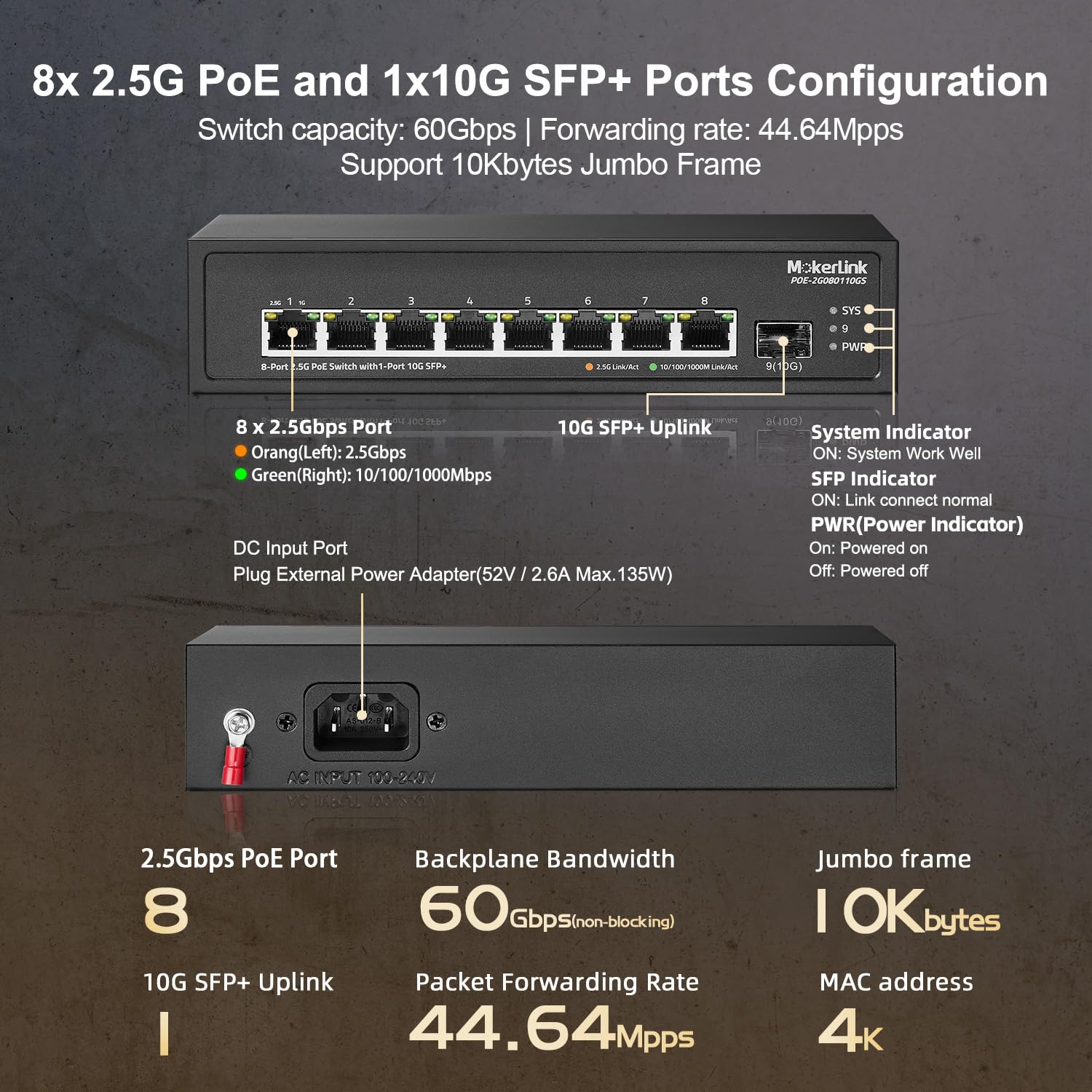 Mokerlink 8 Port 2.5G Poe Switch With 10G Sfp+ Slot, 8 X 2.5G Base T Ports Compatible With 10/100/1000Mbps, Ieee8023Af/At Poe 13