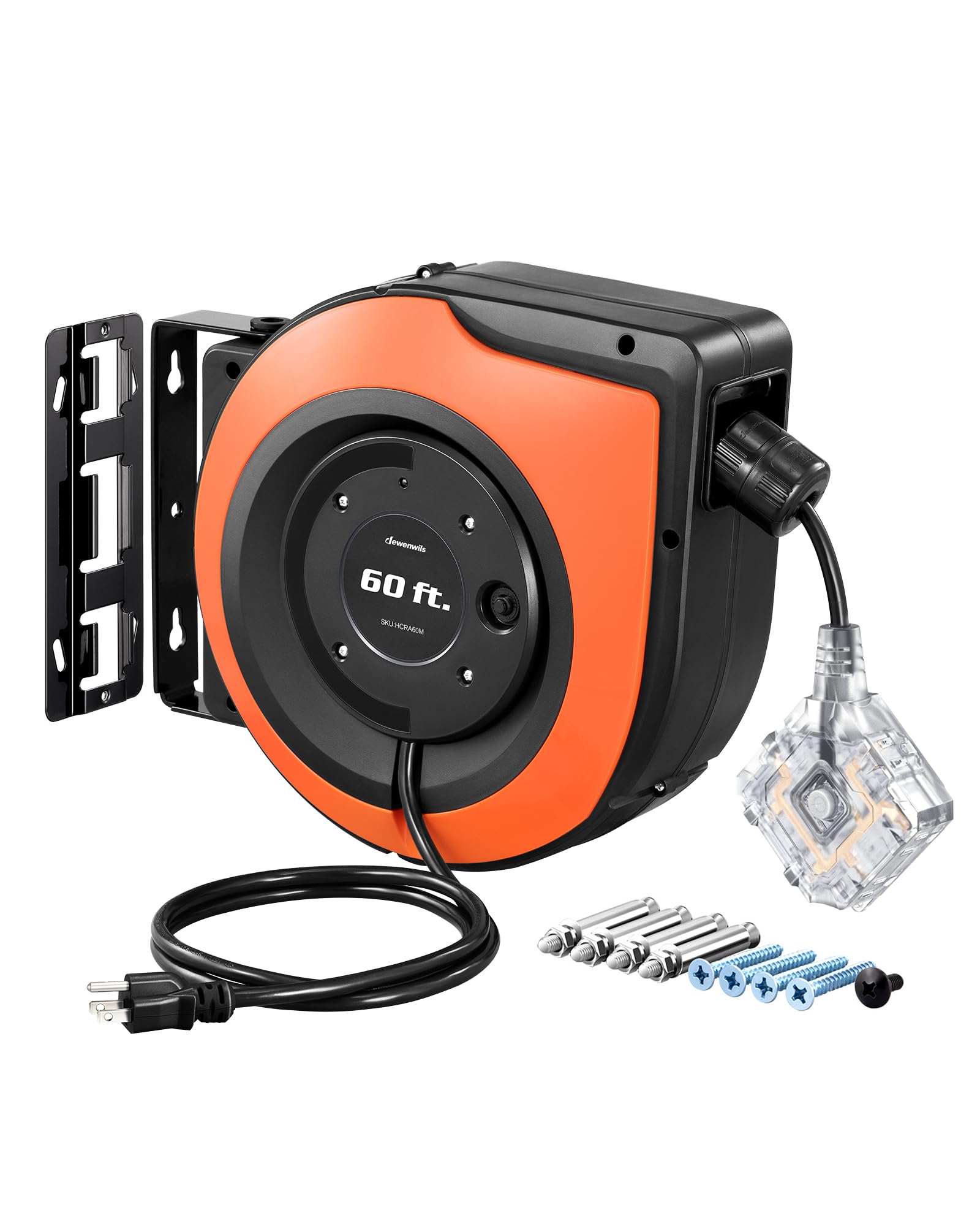 Dewenwils 60 Ft Retractable Extension Cord Reel, 12/3C Sjtow Heavy Duty Power Cord, Twist Lock Stopper, 6 Grounded Outlets, 15A