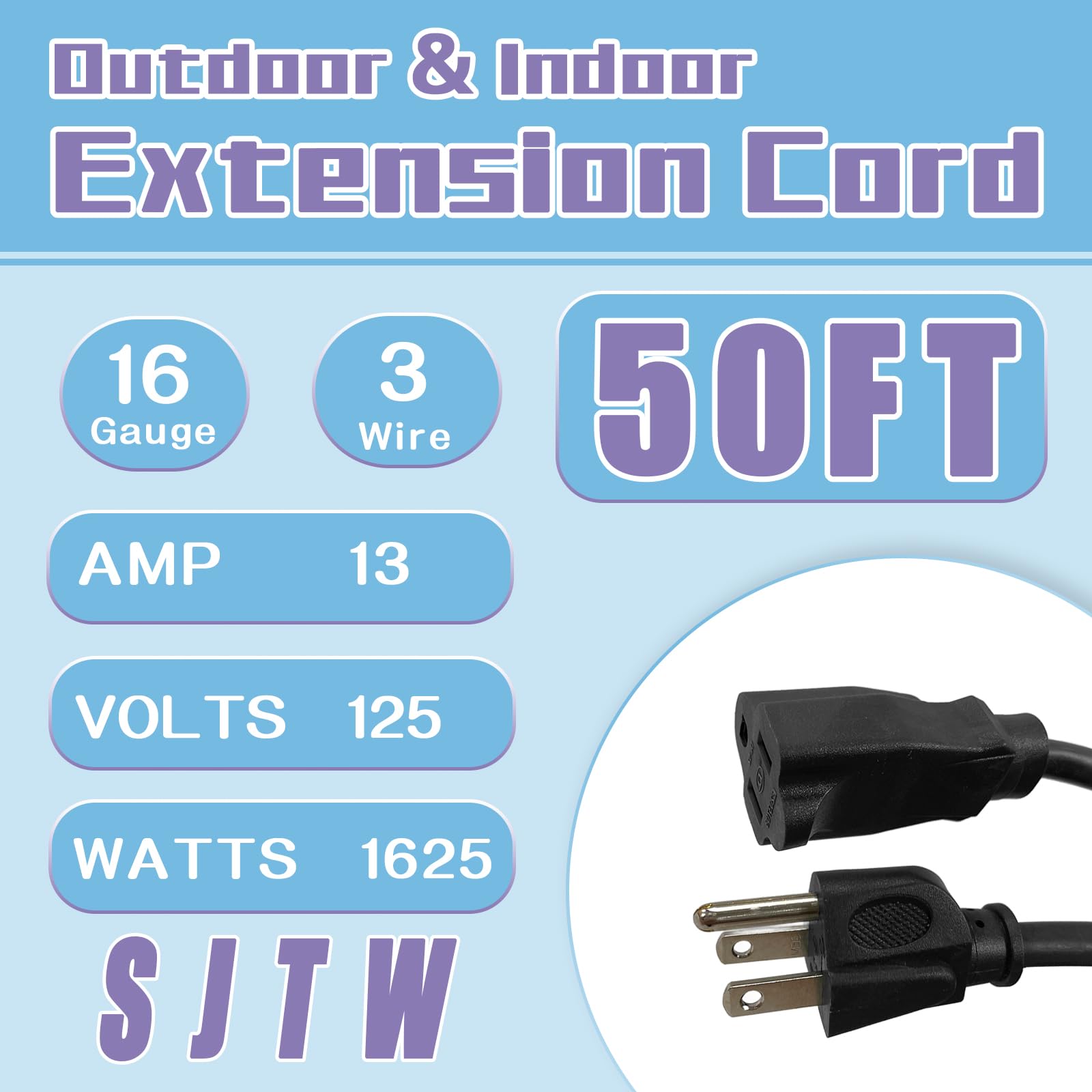 Greatide Indoor Outdoor Extension Cord 50 Ft, 16/3 Sjtw Weatherproof Black Electrical Cords, 13 Amp Heavy Duty 3 Prong Power Cab