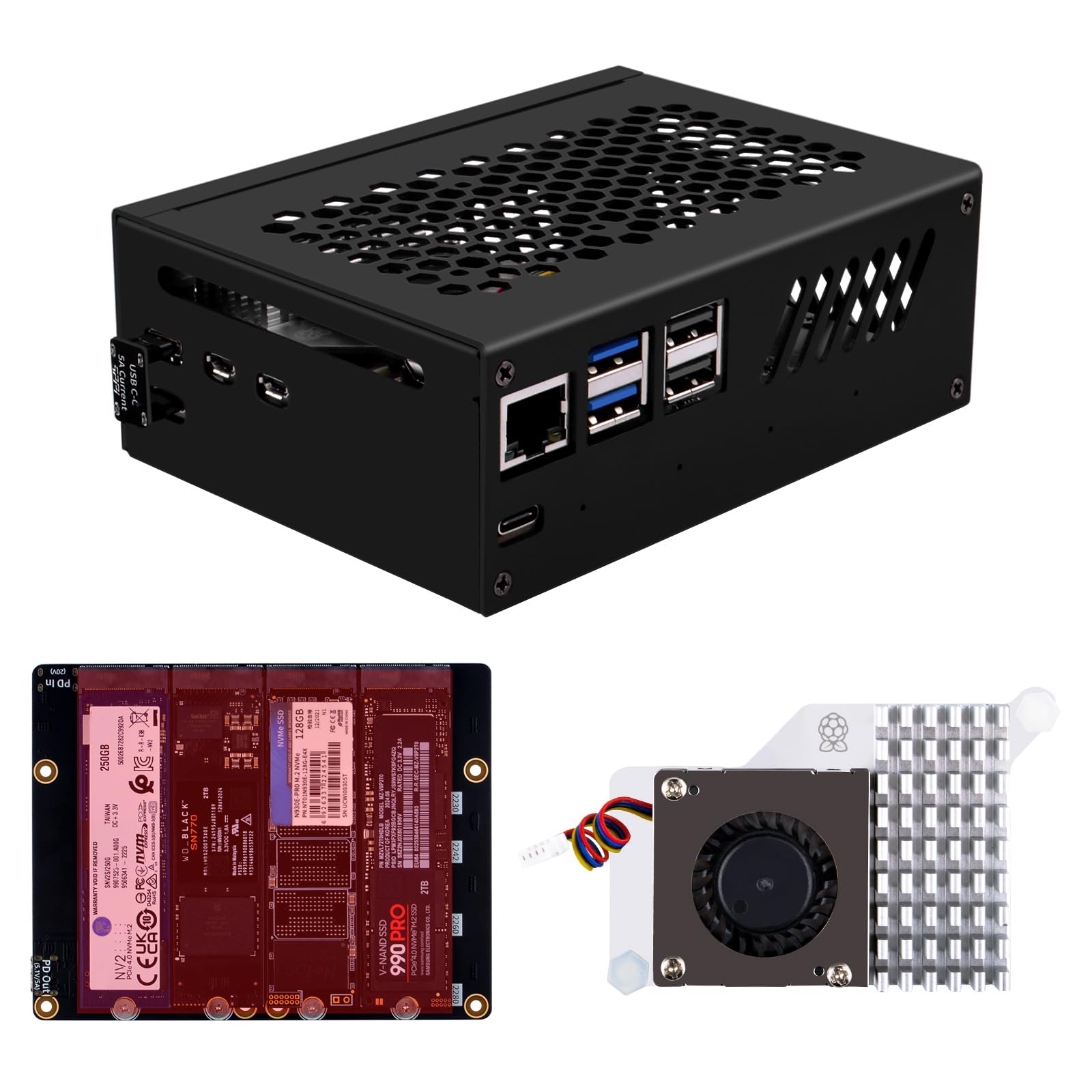 GeeekPi N16 Quad M.2 M-Key NVMe SSD HAT with Metal Case & Active Cooler for Raspberry Pi 5, Support M.2 NVMe M-Key 2230/2242/226