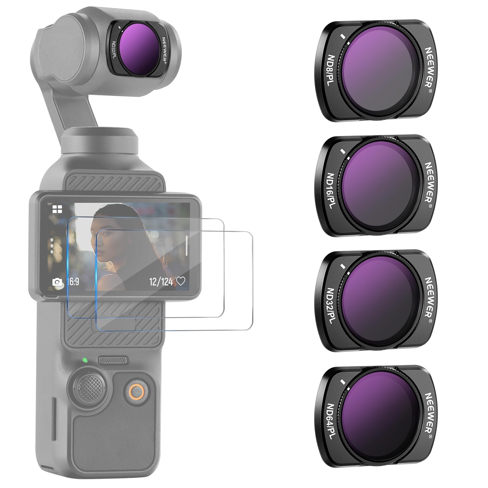Neewer Magnetic Nd/Pl Filter Set Compatible With Dji Osmo Pocket 3 Creator Combo Accessories, Action Camera 4 Pack Nd8/Pl Nd16/P