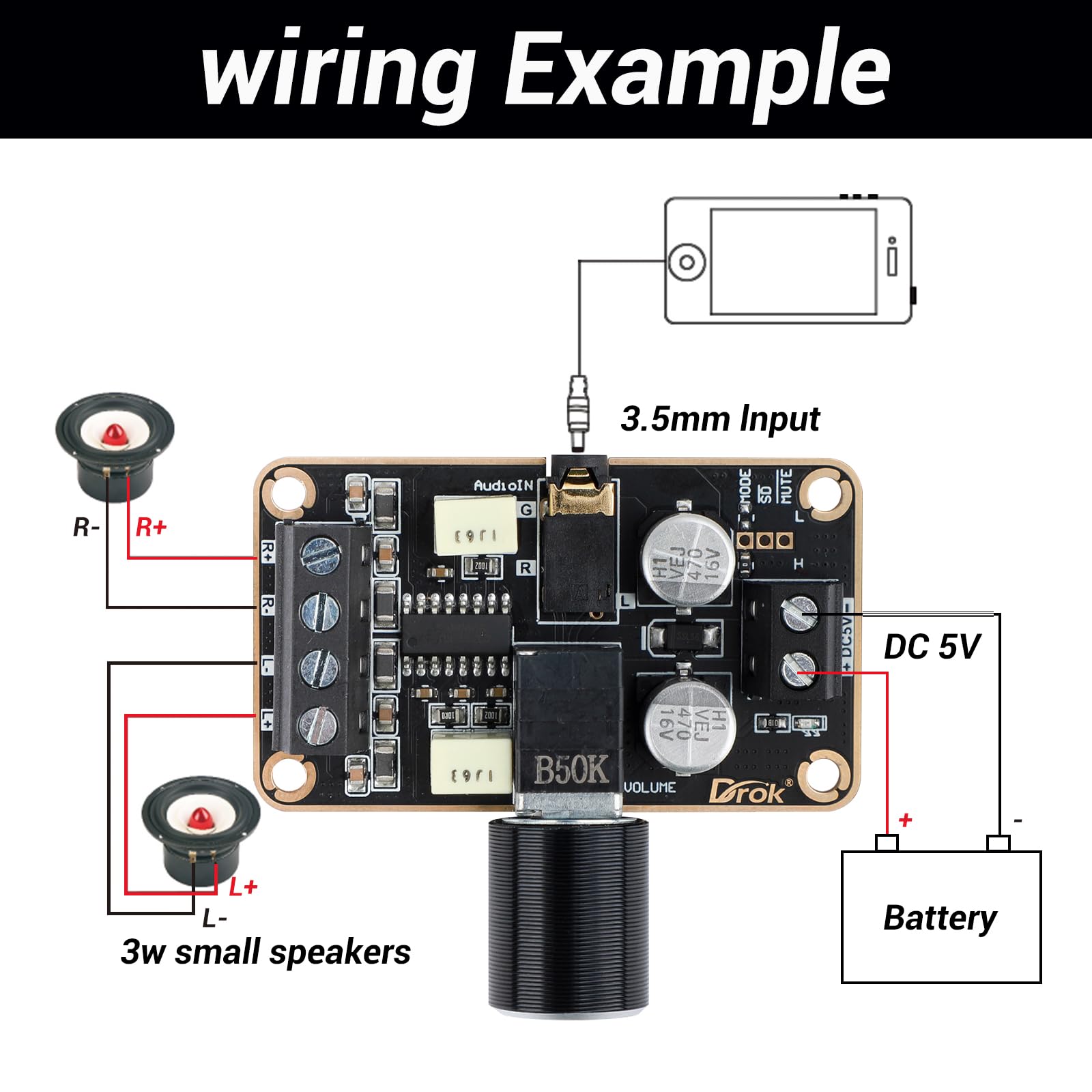 Drok 5W+5W Mini Audio Amplifier Board Pam8406 Dc 5V Digital Stereo Power Amp 2.0 Dual Channel Class D Amplify Module For Speaker Sound System Diy