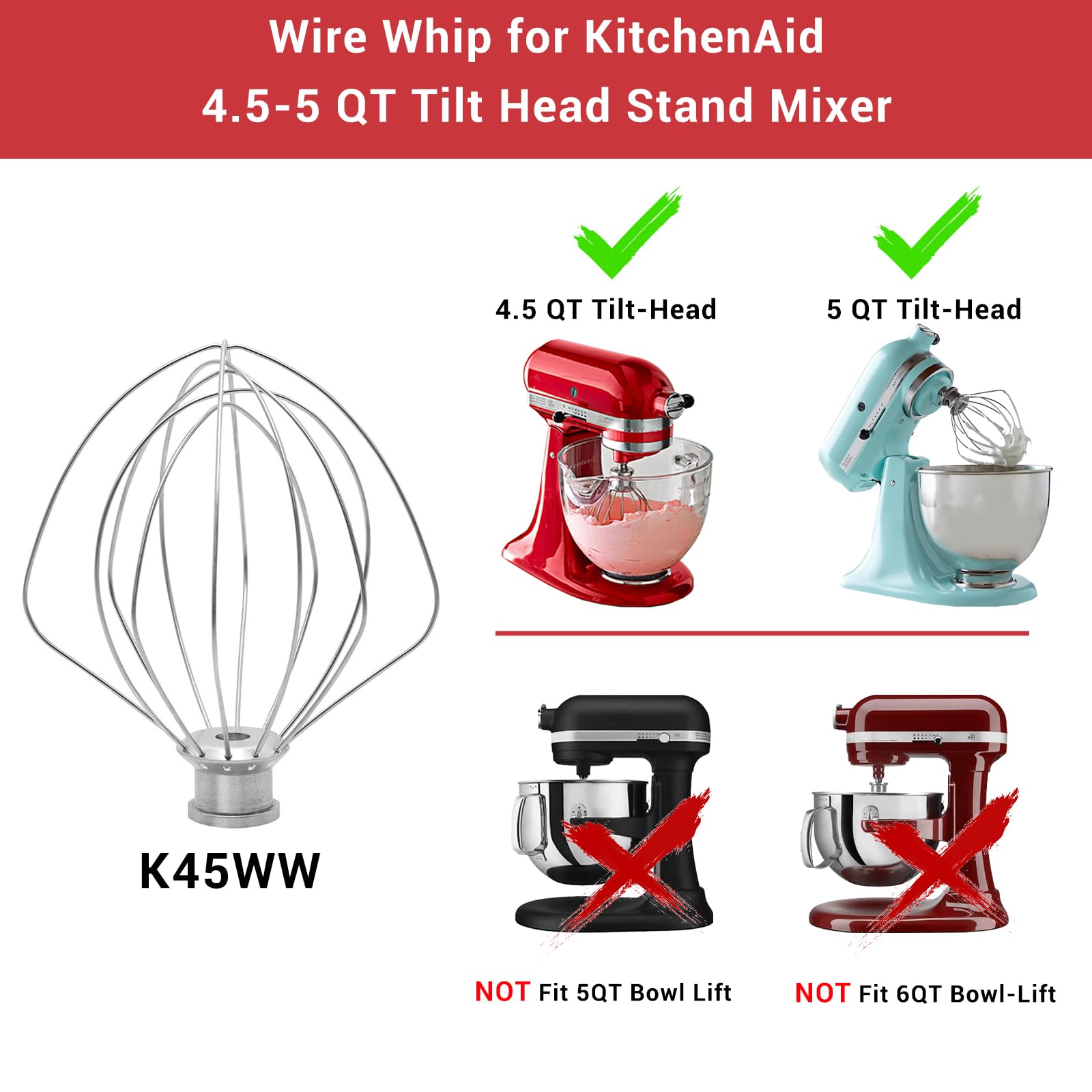 Wire Whip Attachment For Kitchenaid 5 6 Quart Bowl Lift Stand Mixers, K5Aww Wire Whisk Replacement, Egg Heavy Cream Cakes Mayonn