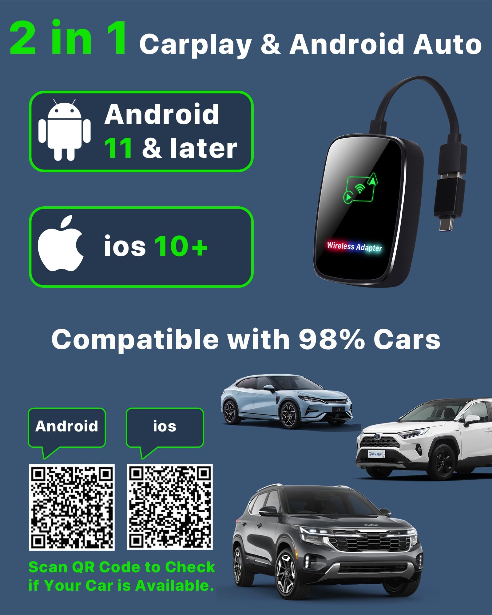 Wireless Carplay Adapter For Iphone, 2-In-1 Carplay And Android Auto Adapters Plug & Play, 5.8G Wifi Fast & Stable Car Play Adap