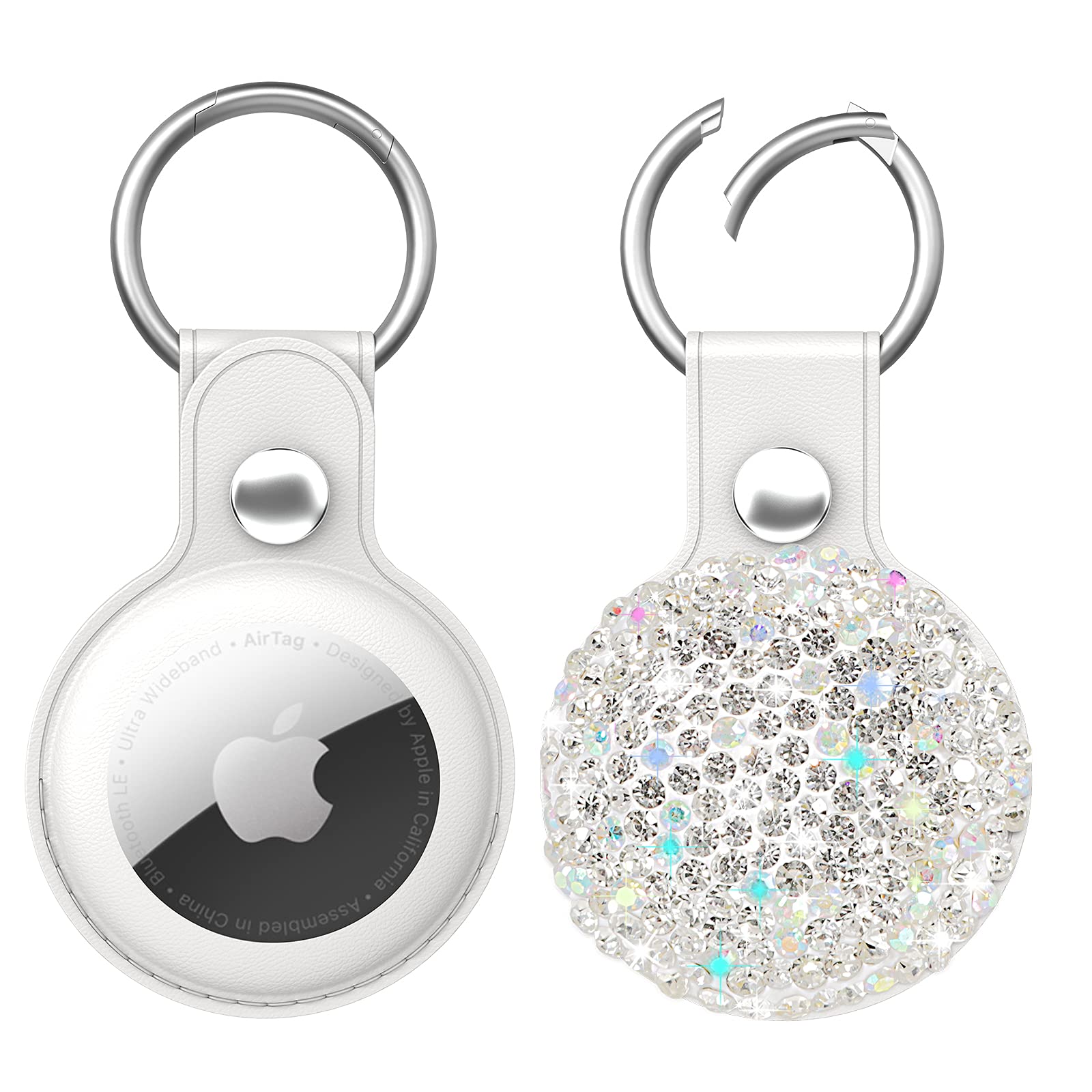 Qearfun Bling Diamond Apple Airtag Case, Sparkly Leather Airtag Keychain Holder With Shiny Rhinestone, Glitter Girly Fancy Apple