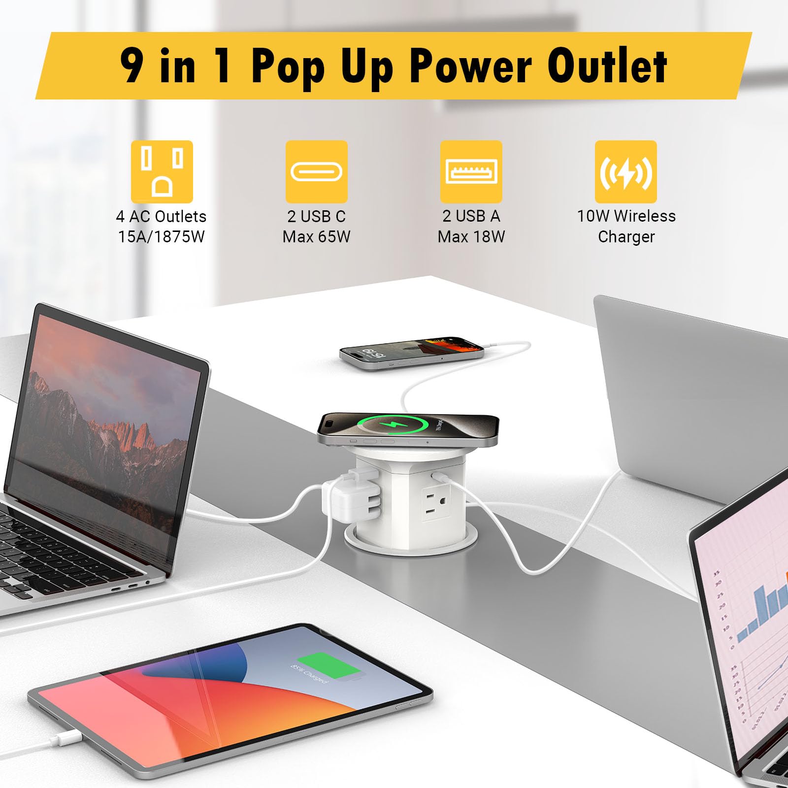 Kungfuking Pop Up Outlet For Countertop Kitchen, 65W Usb C Wireless Counter Top Electrical Power Outlet, 15A/1875W Receptacle Ch