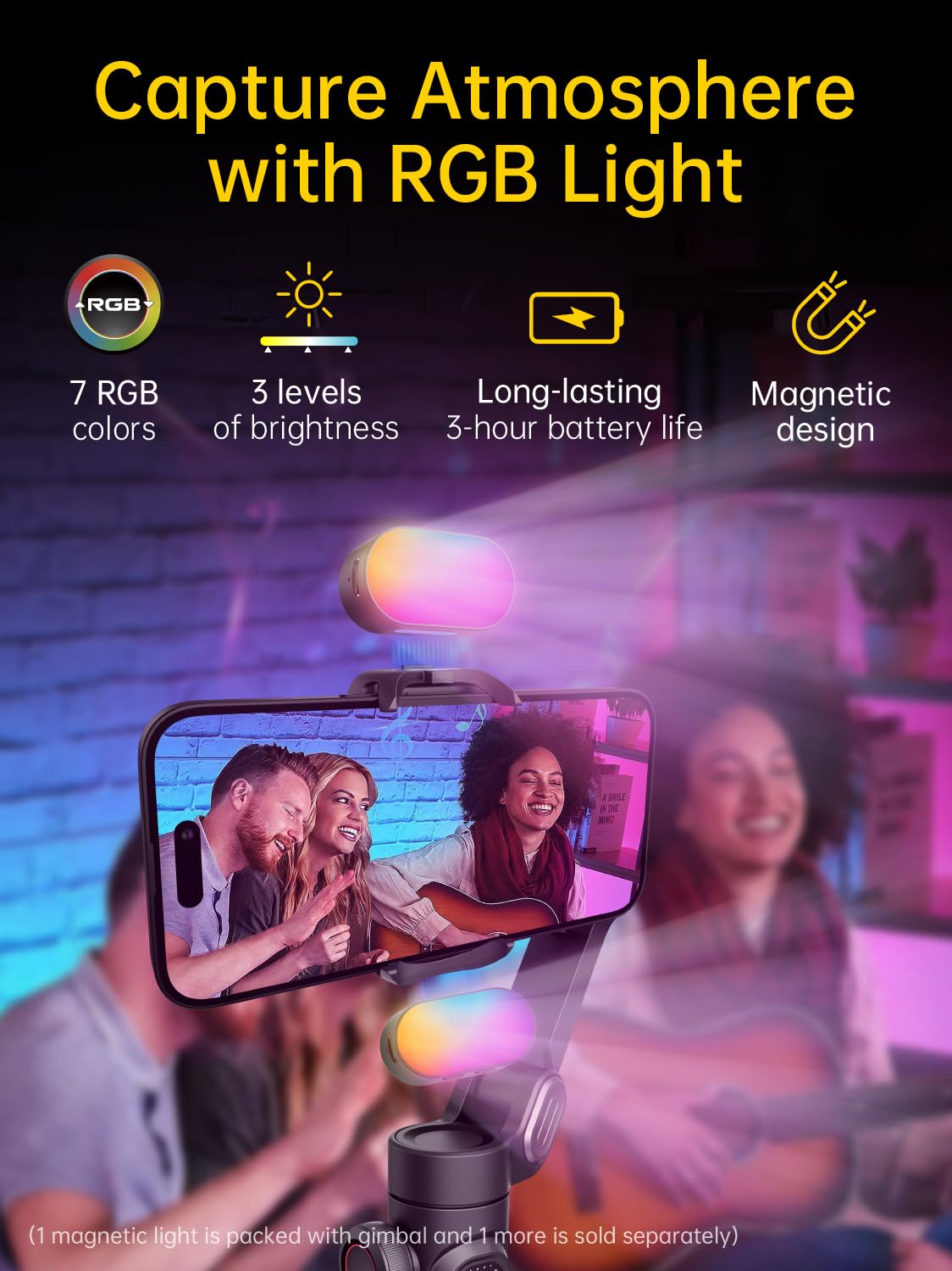 Aochuan 3-Axis Gimbal Stabilizer For Smartphone, Gimbal W/Rgb Magnetic Fill Light Upgraded Face Tracking Focus Wheel Foldable Ip