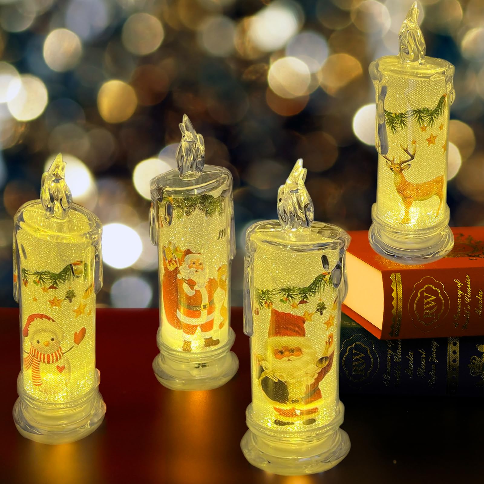 Supbri Christmas Flameless White Candles With Santa Claus, Snowman,Decals Set Of 4, Battery Operated Christmas Themed Led Pillar