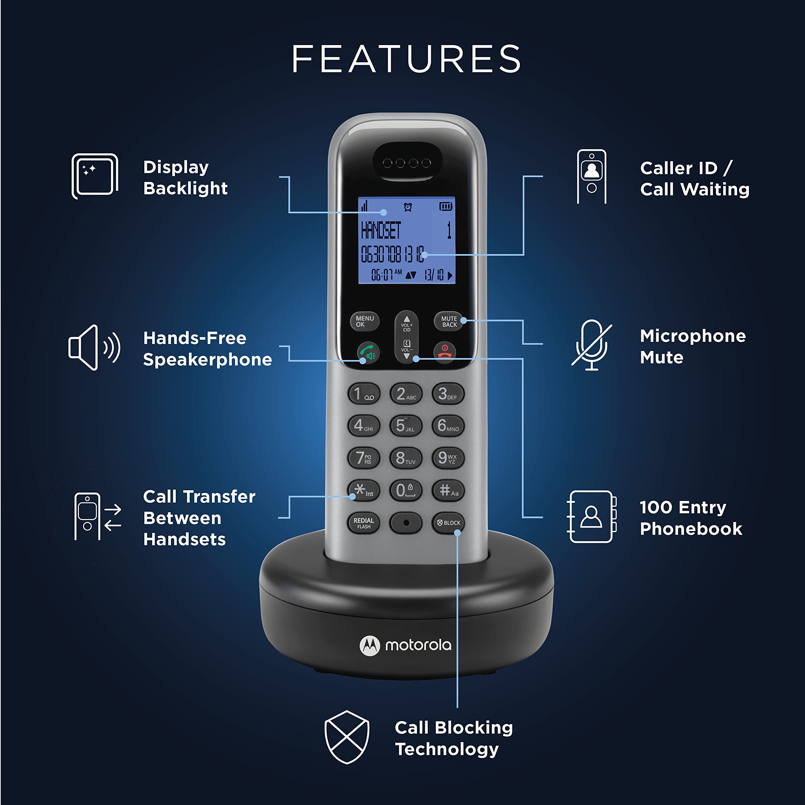 Motorola Voice T601 Cordless Phone System W/Digital Handset, Speakerphone, And Call Block   Dark Grey